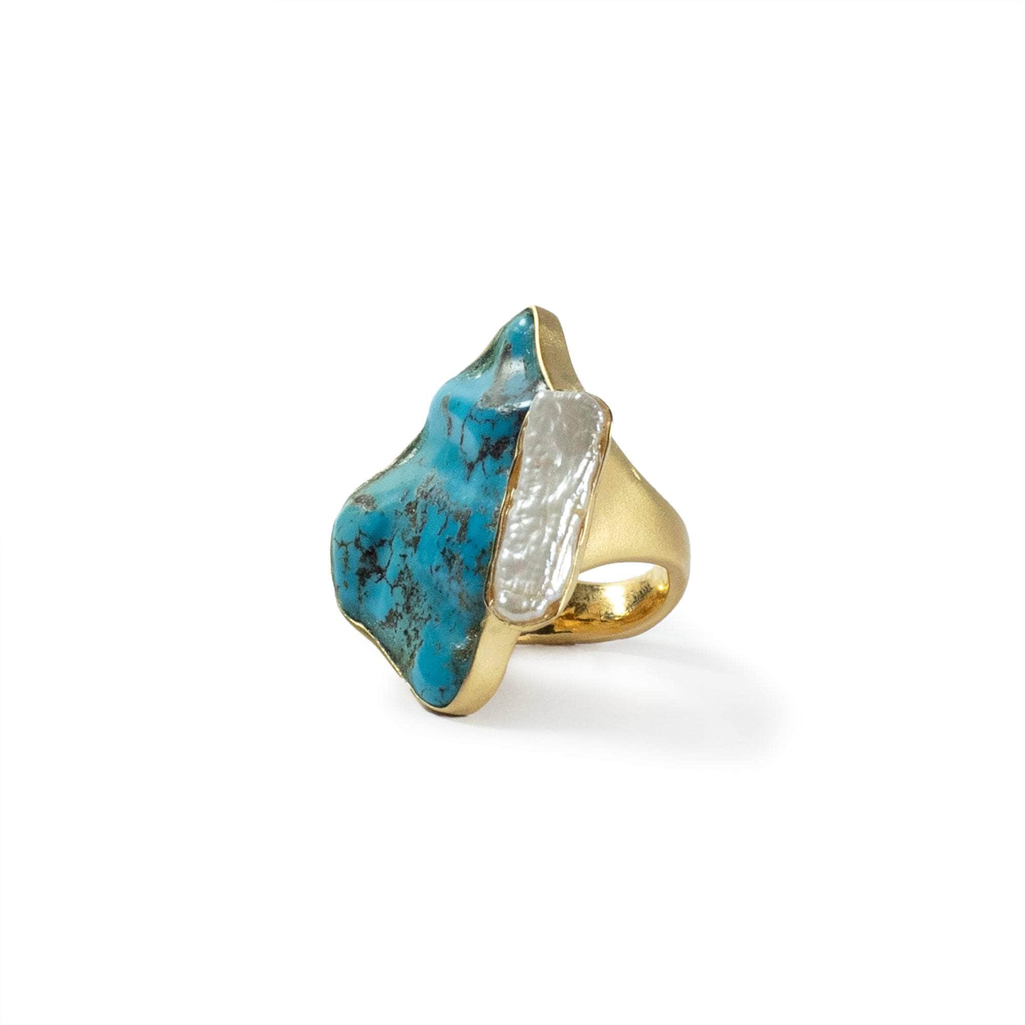 Hathori Rough Turquoise and Pearl Ring