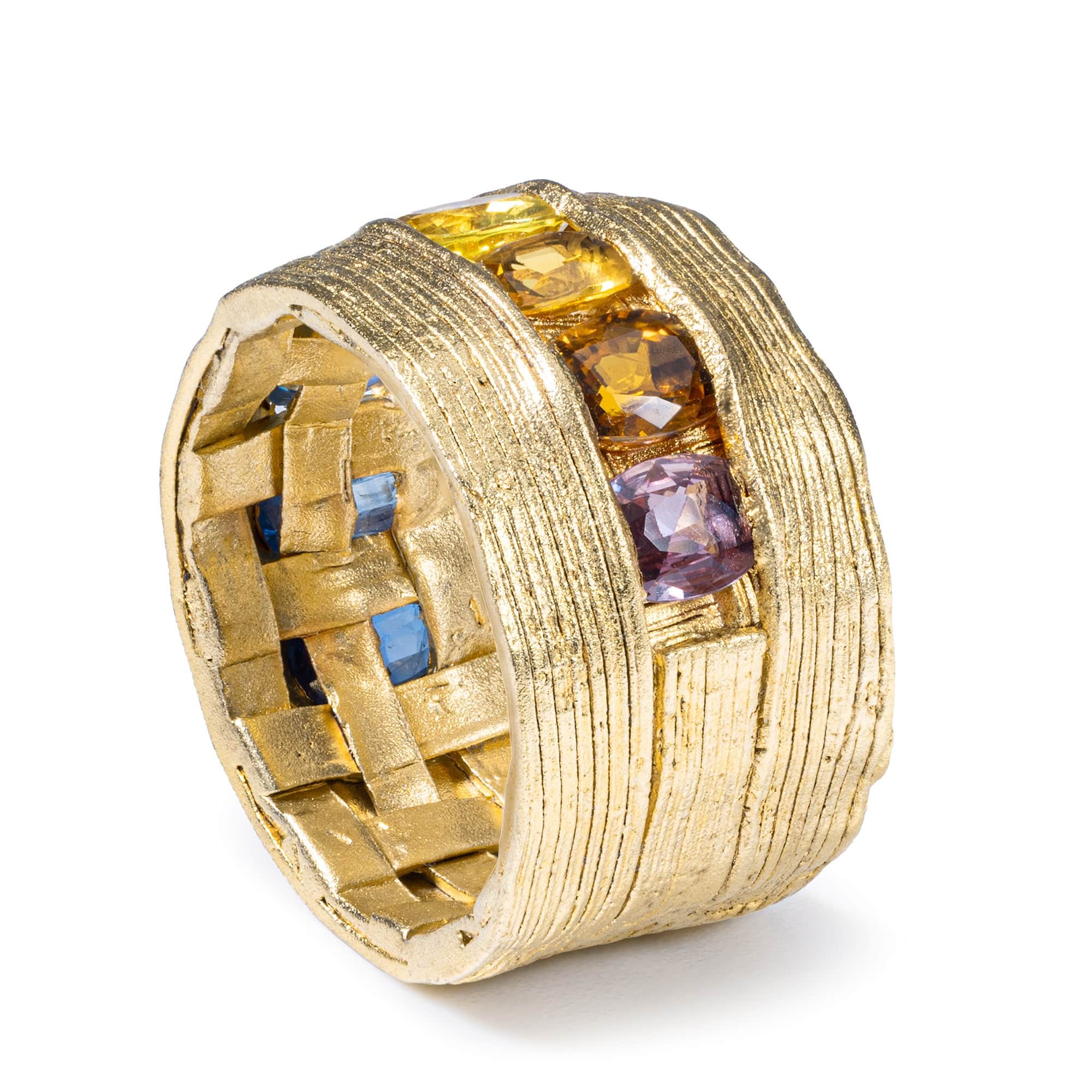 Enki Singular Edition Gold-Plated Sterling Silver Barrel Ring With Rainbow Sapphires