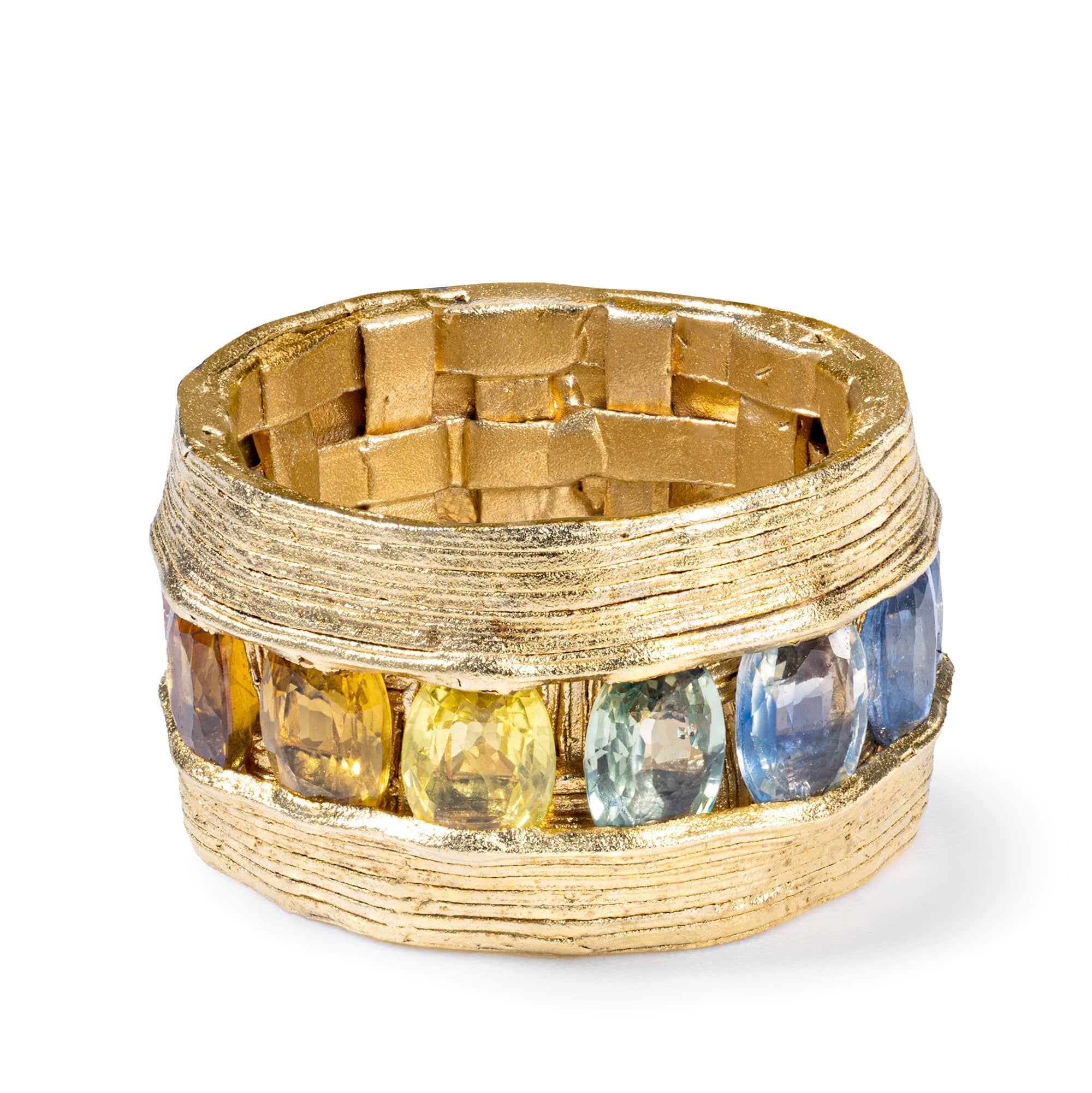 Enki Singular Edition Gold-Plated Sterling Silver Barrel Ring With Rainbow Sapphires