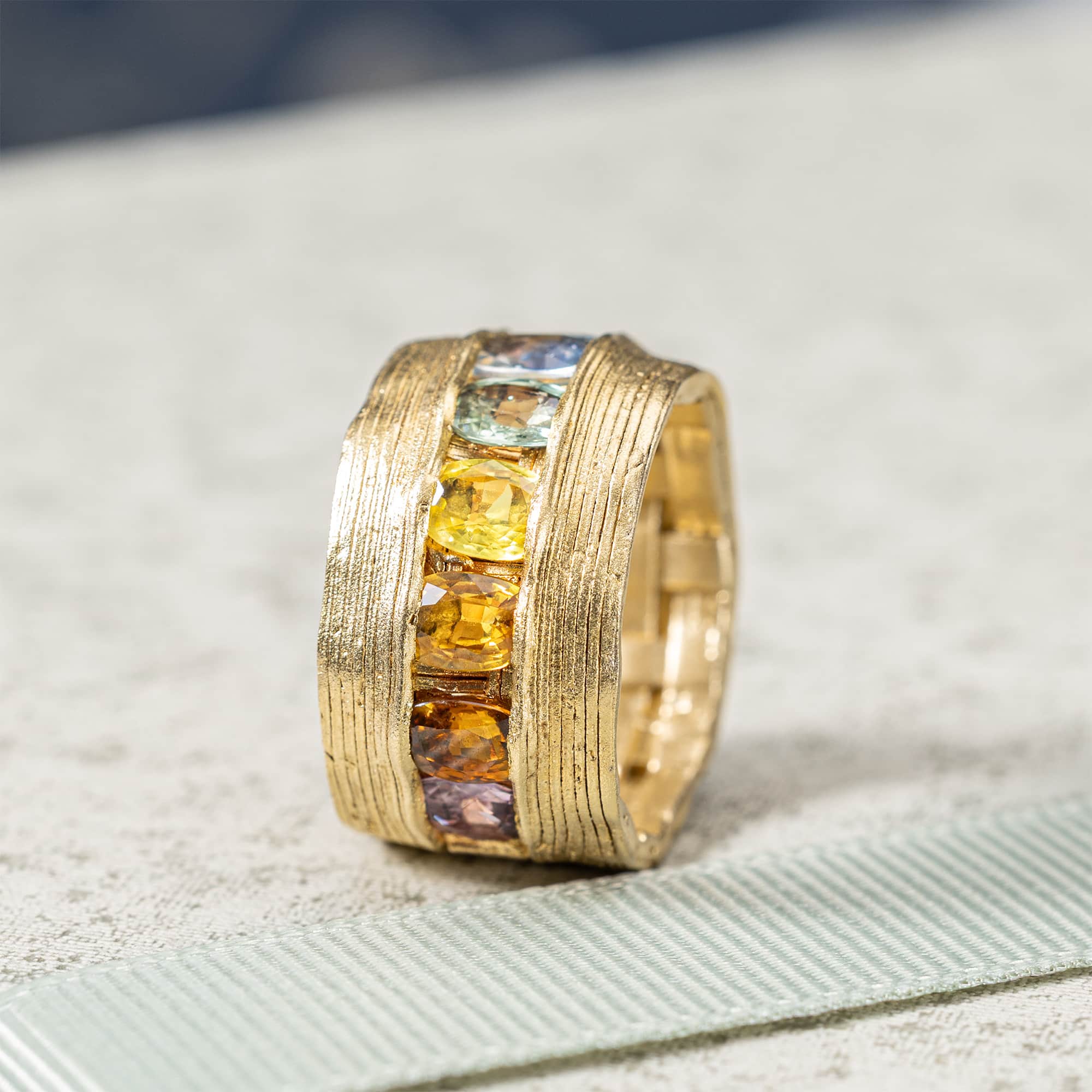 Enki Singular Edition Gold-Plated Sterling Silver Barrel Ring With Rainbow Sapphires