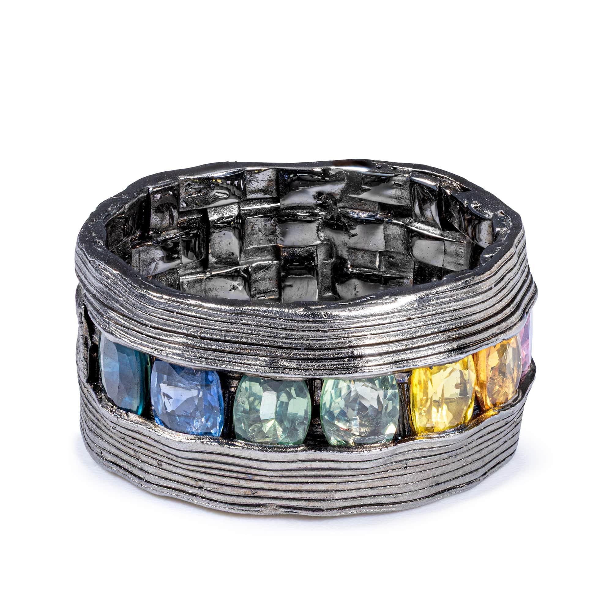 Agni Singular Edition Sterling Silver Ring With Natural Rainbow Sapphires