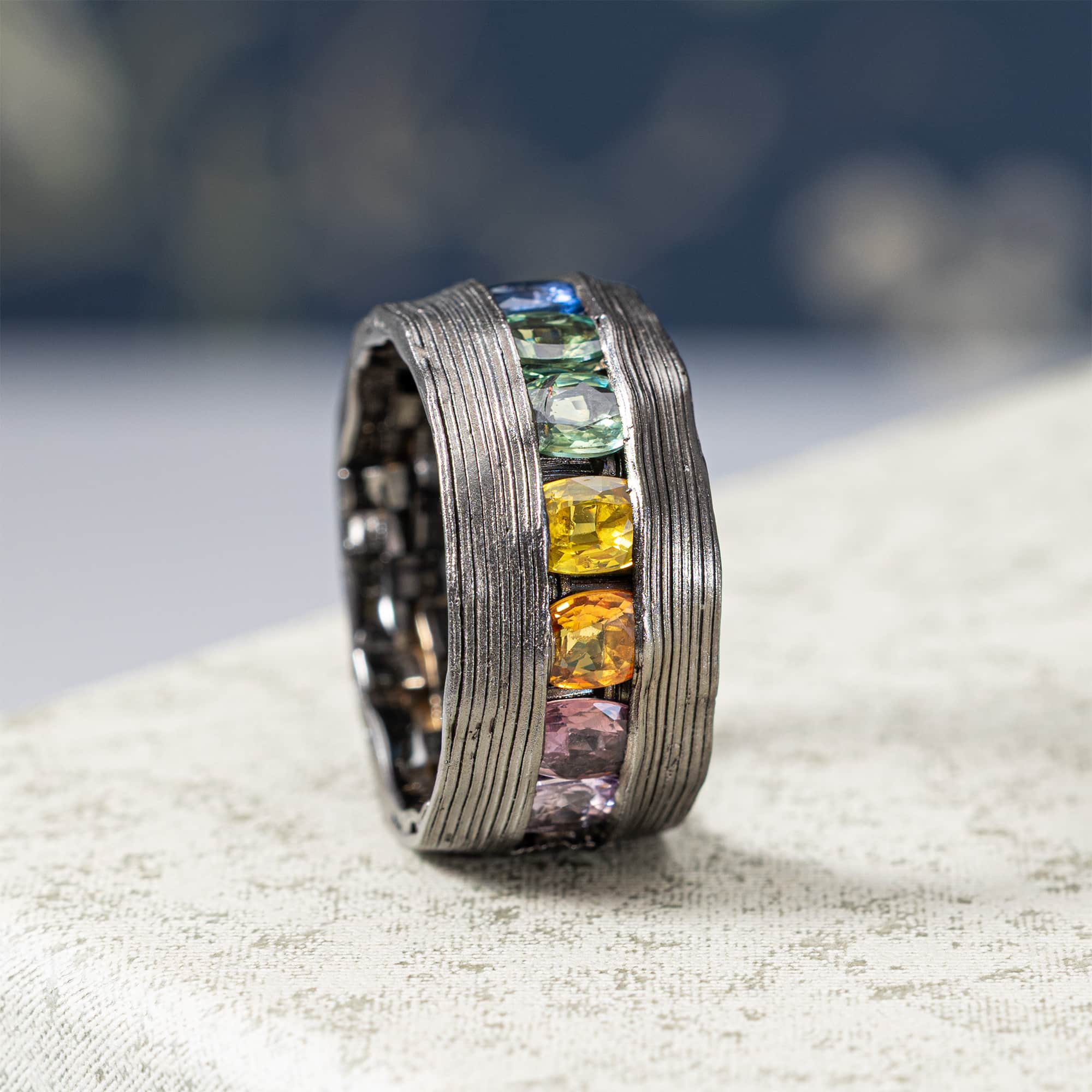 Agni Singular Edition Sterling Silver Ring With Natural Rainbow Sapphires