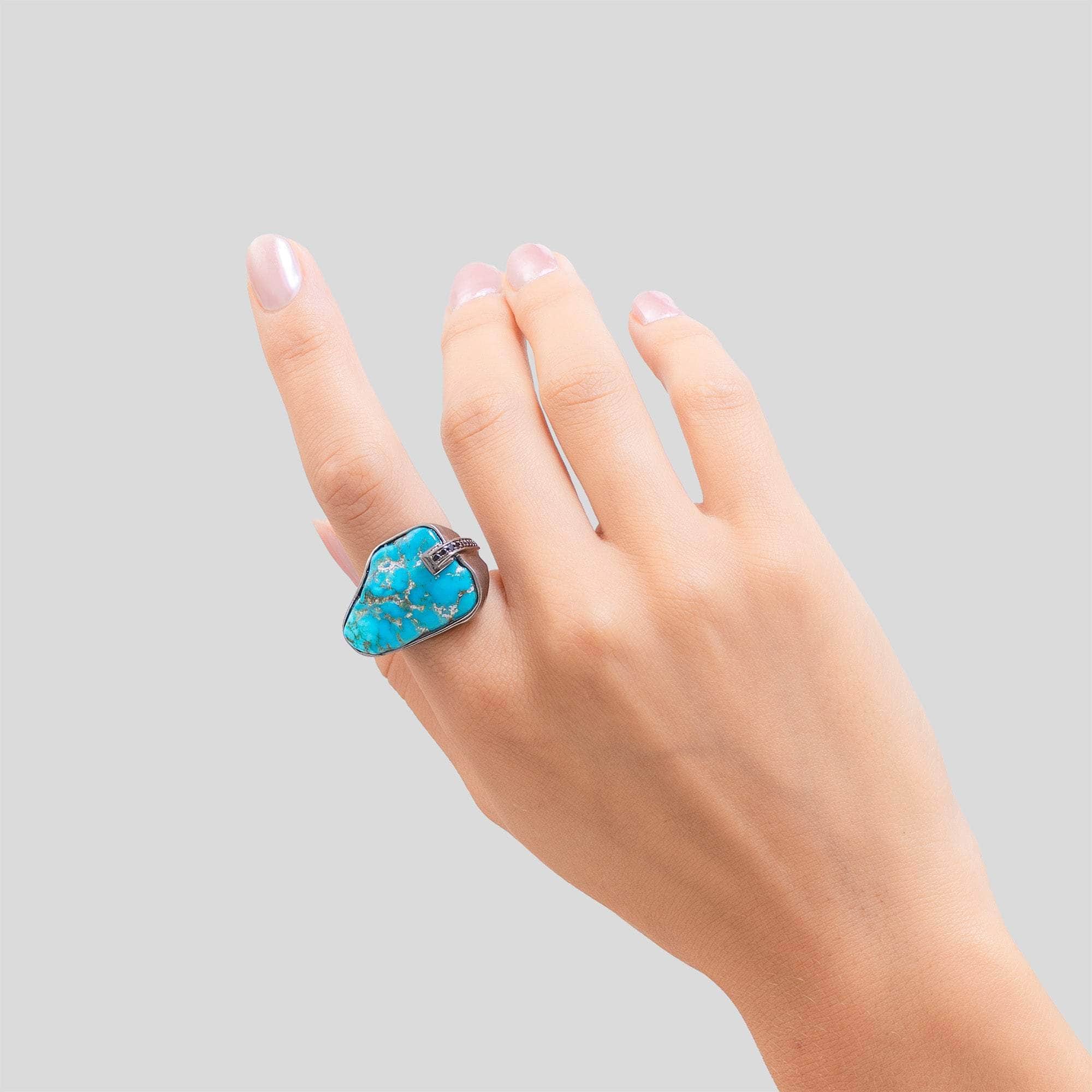 Neela Statement Singular Design Rough Turquoise & Spinel Ring in 925 Sterling Silver