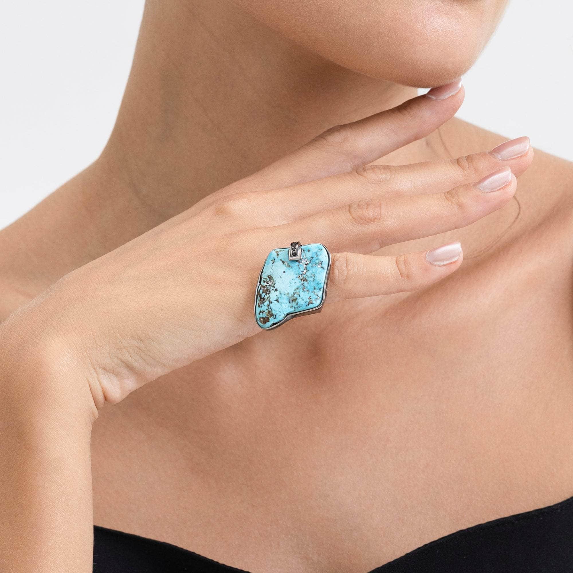 Ataeru Raw Chunky Turquoise & Black Spinel Singular Design Ring in 925 Silver