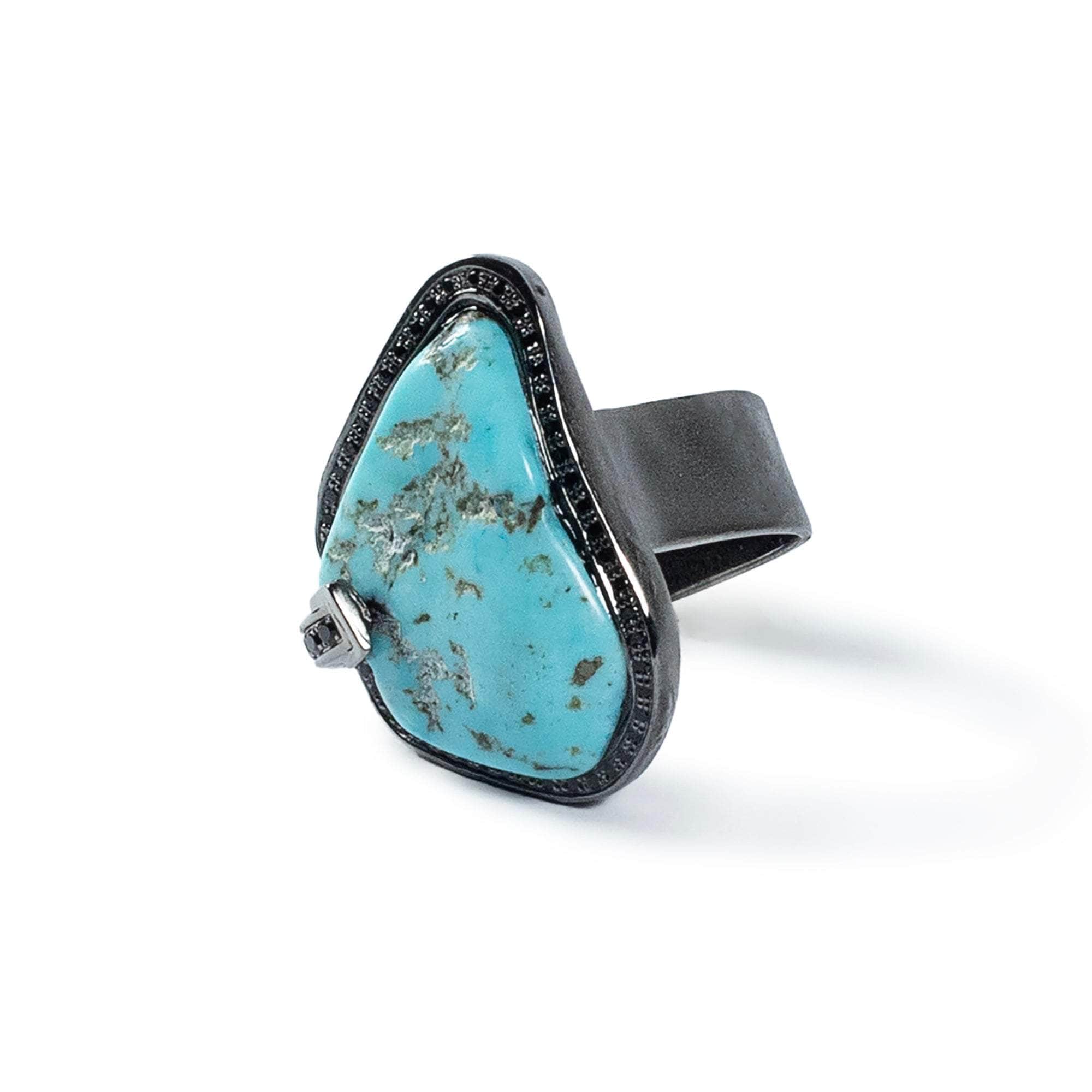 Lehaz Raw Natural Turquoise and Black Spinel Statement Singular Design Ring in 925 Silver