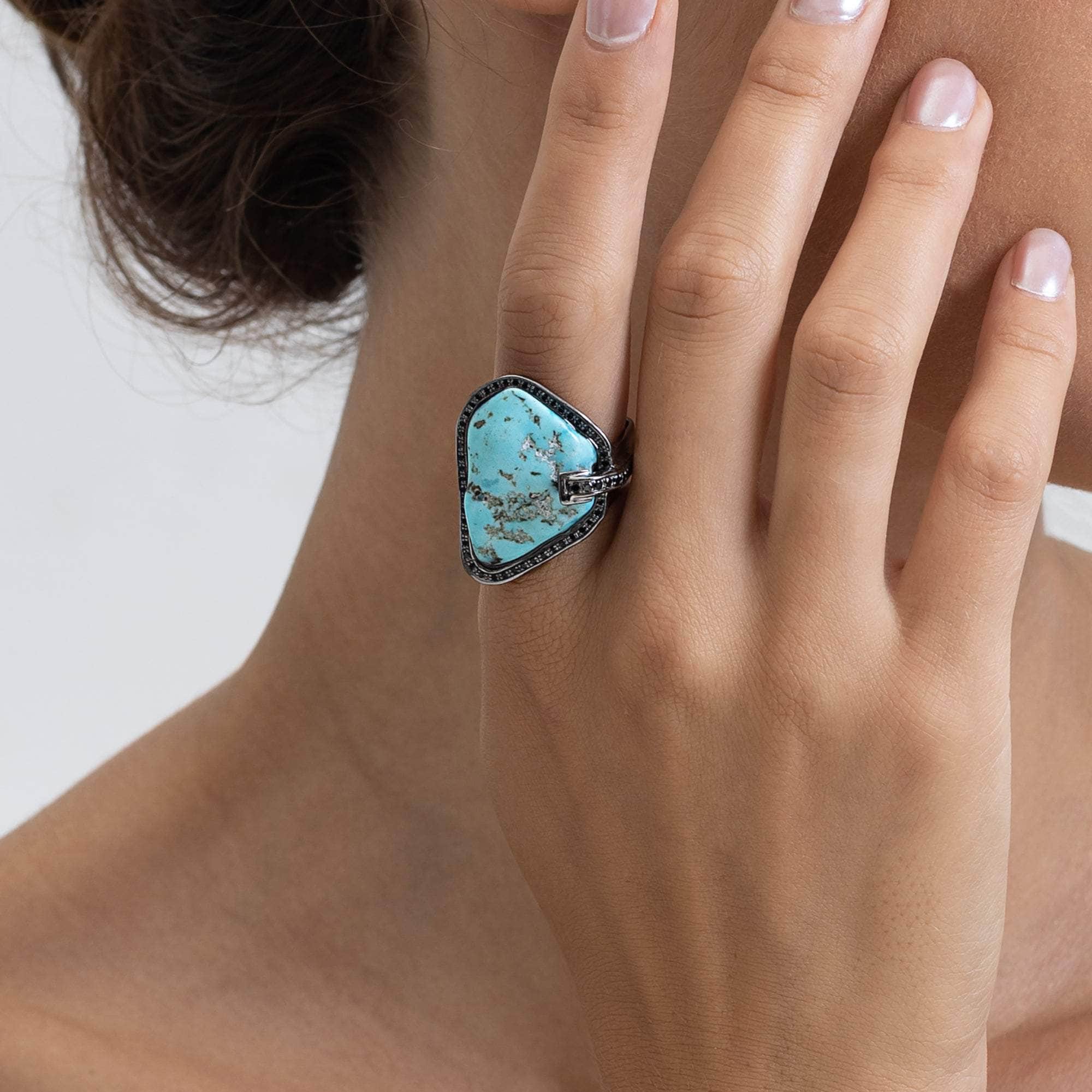 Lehaz Raw Natural Turquoise and Black Spinel Statement Singular Design Ring in 925 Silver