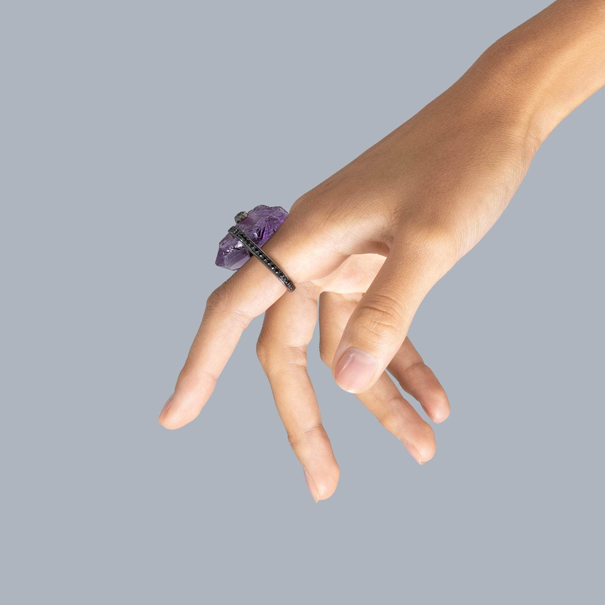 Lila Rough Amethyst & Black Spinel Statement Ring in 925 Sterling Silver Plated with Rhodium