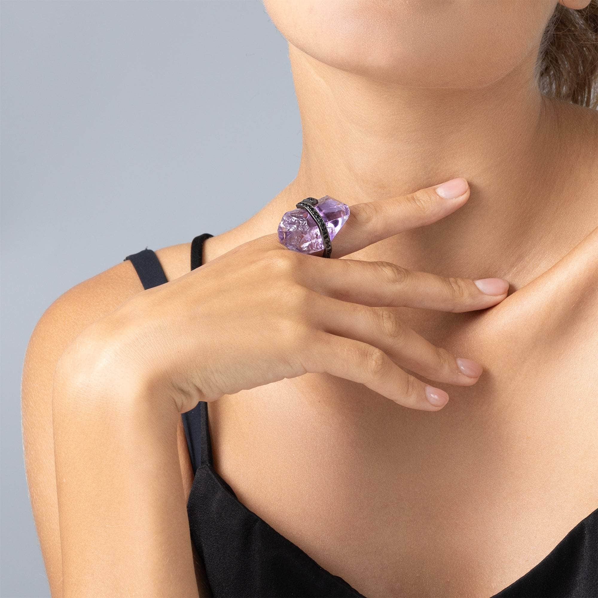 Lila Rough Amethyst & Black Spinel Statement Ring in 925 Sterling Silver Plated with Rhodium