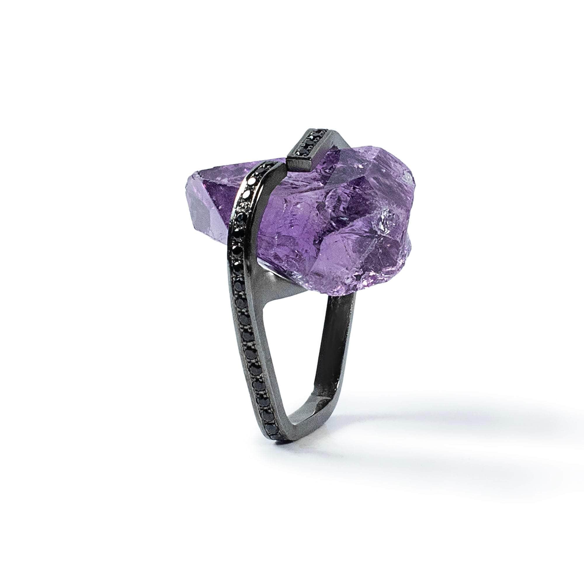Lila Rough Amethyst & Black Spinel Statement Ring in 925 Sterling Silver Plated with Rhodium