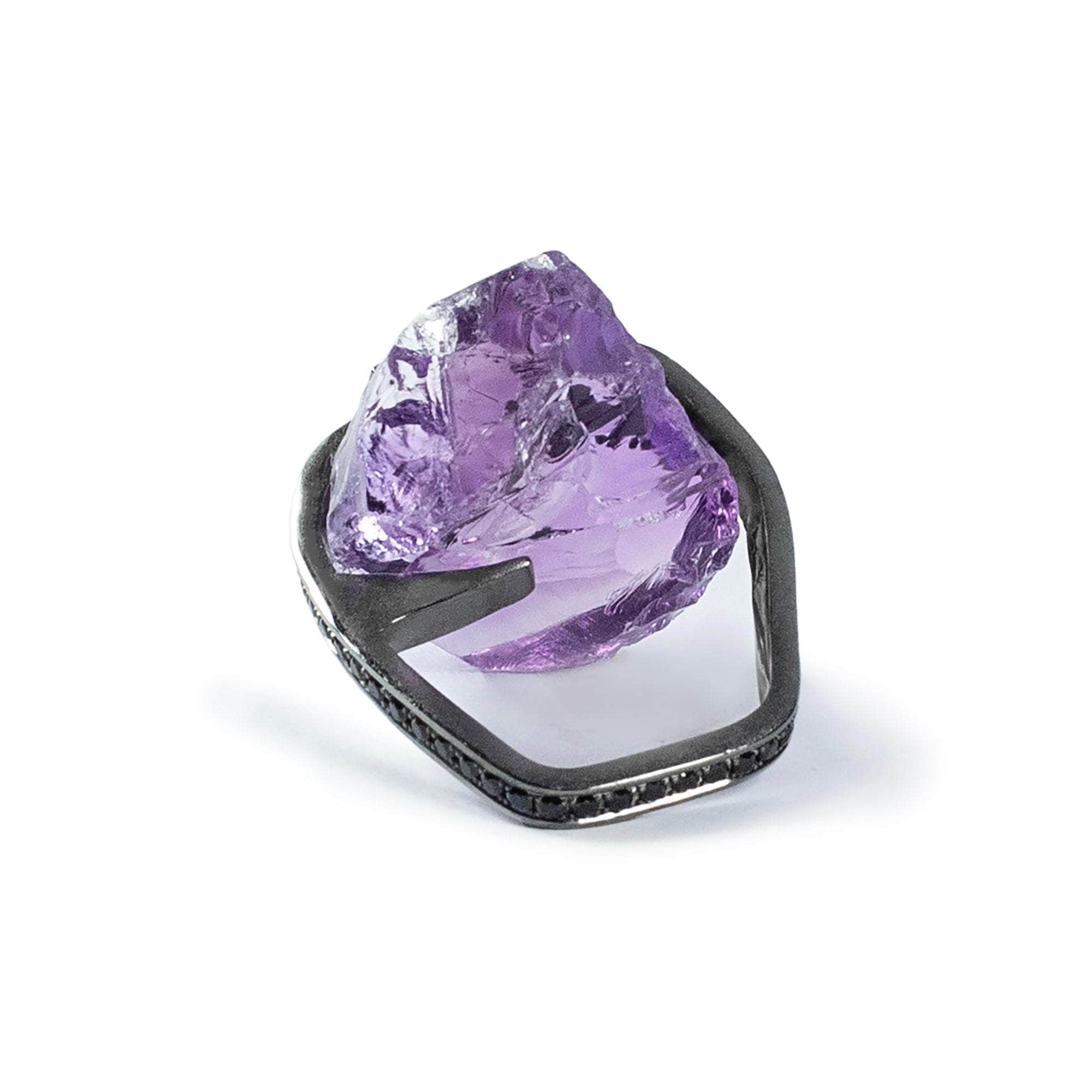 Lila Rough Amethyst & Black Spinel Statement Ring in 925 Sterling Silver Plated with Rhodium