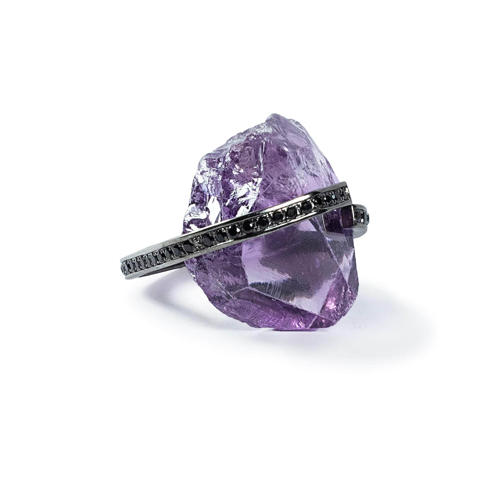 Lila Rough Amethyst & Black Spinel Statement Ring in 925 Sterling Silver Plated with Rhodium