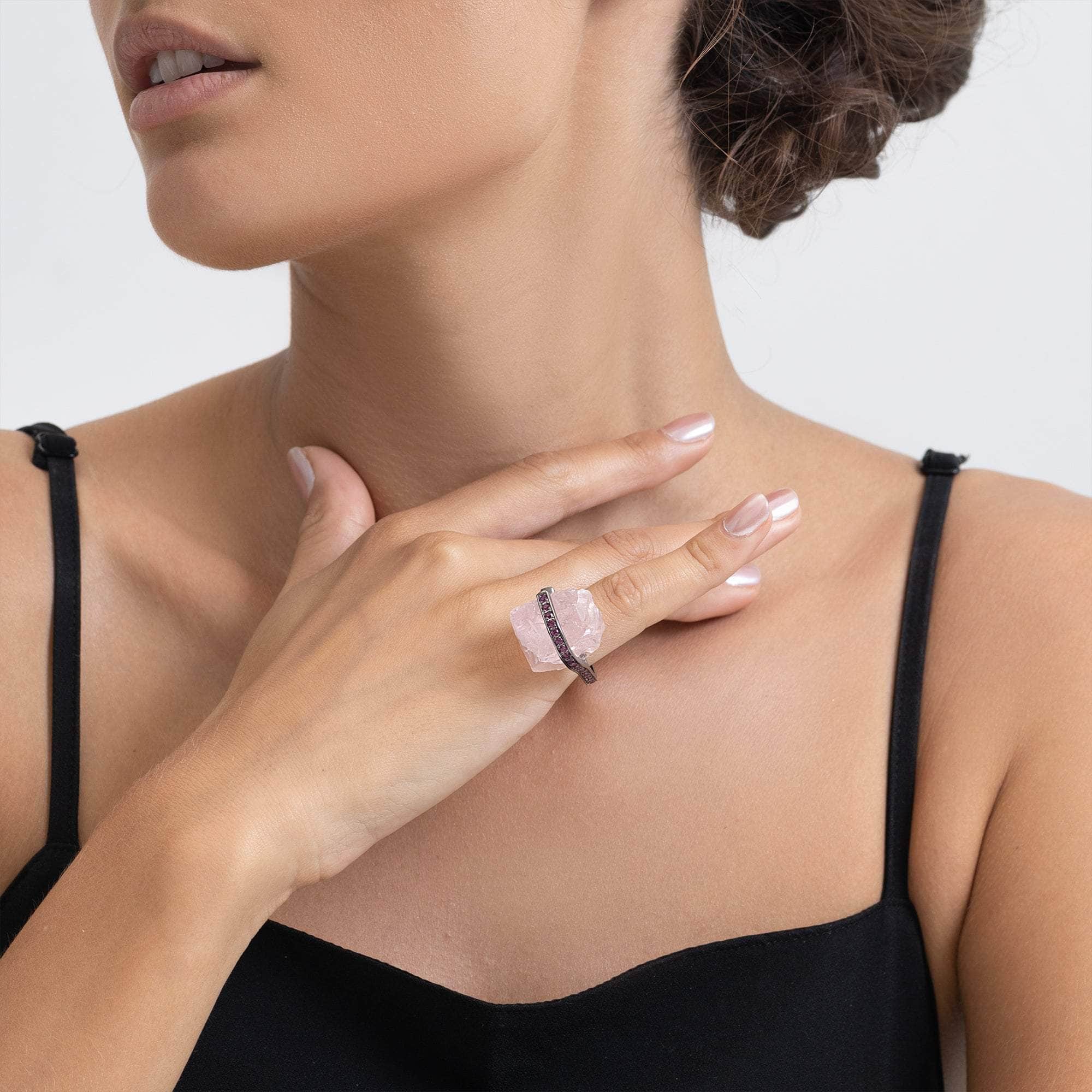 Wardi Rough Rose Quartz and Rhodolite Ring