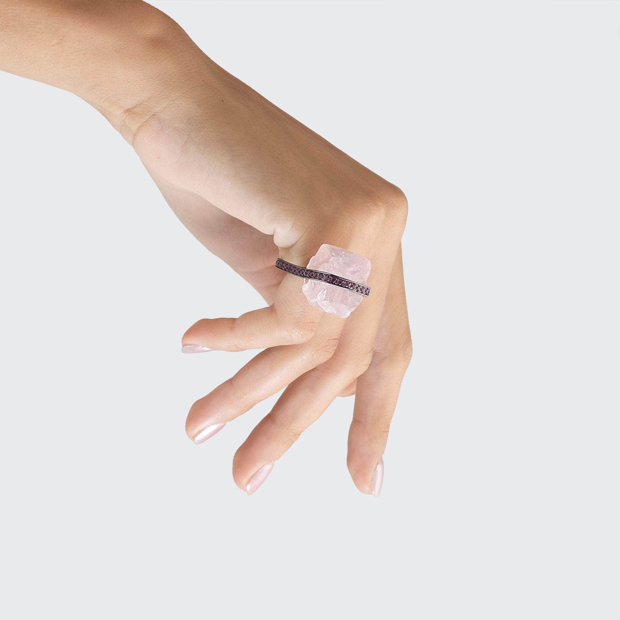 Wardi Rough Rose Quartz and Rhodolite Ring