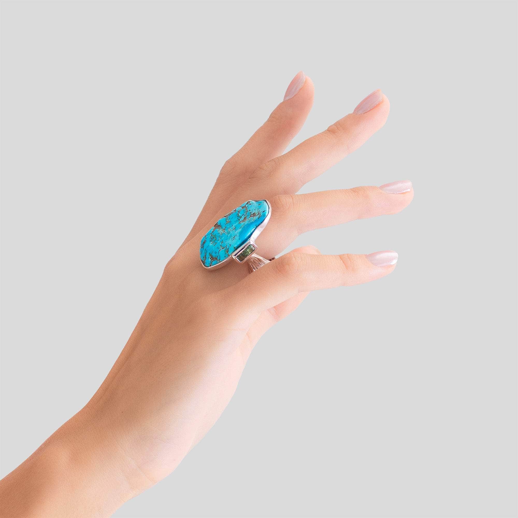 Meri Singular Design 925 Silver Ring with Natural Rough Arizona Turquoise & Green Tourmaline