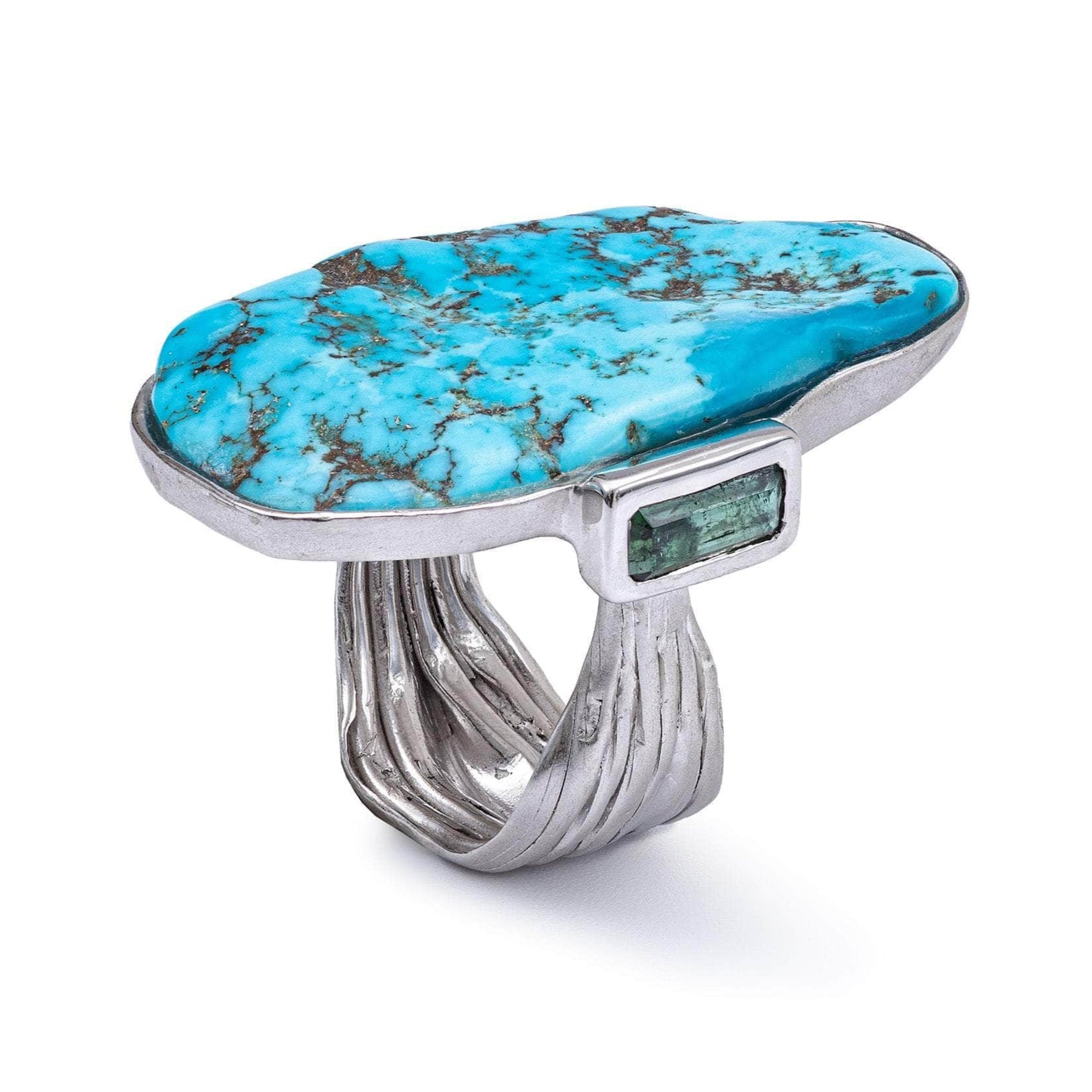Meri Singular Design 925 Silver Ring with Natural Rough Arizona Turquoise & Green Tourmaline