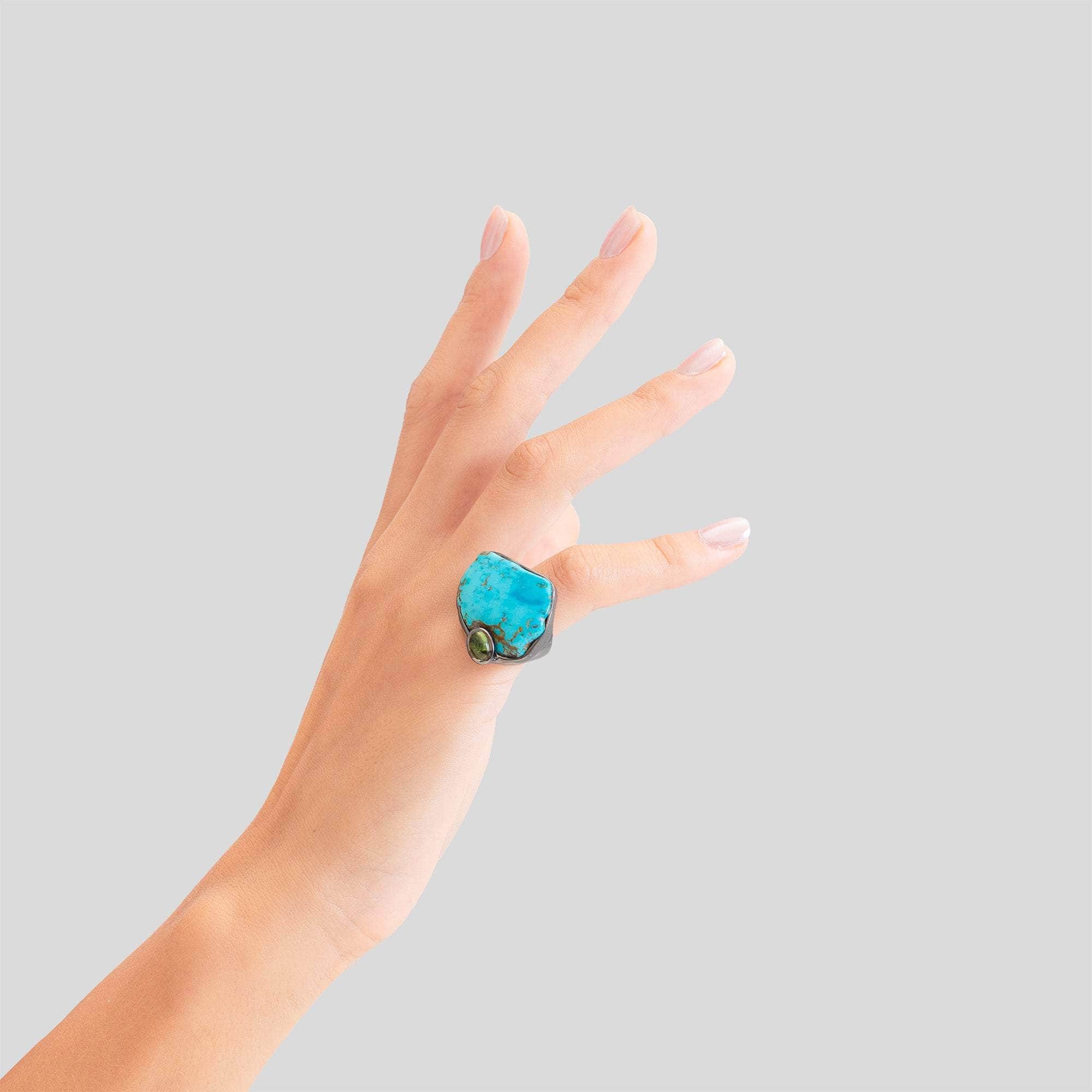 Aarde Black 925 Silver Ring with Rough Turquoise & Green Tourmaline
