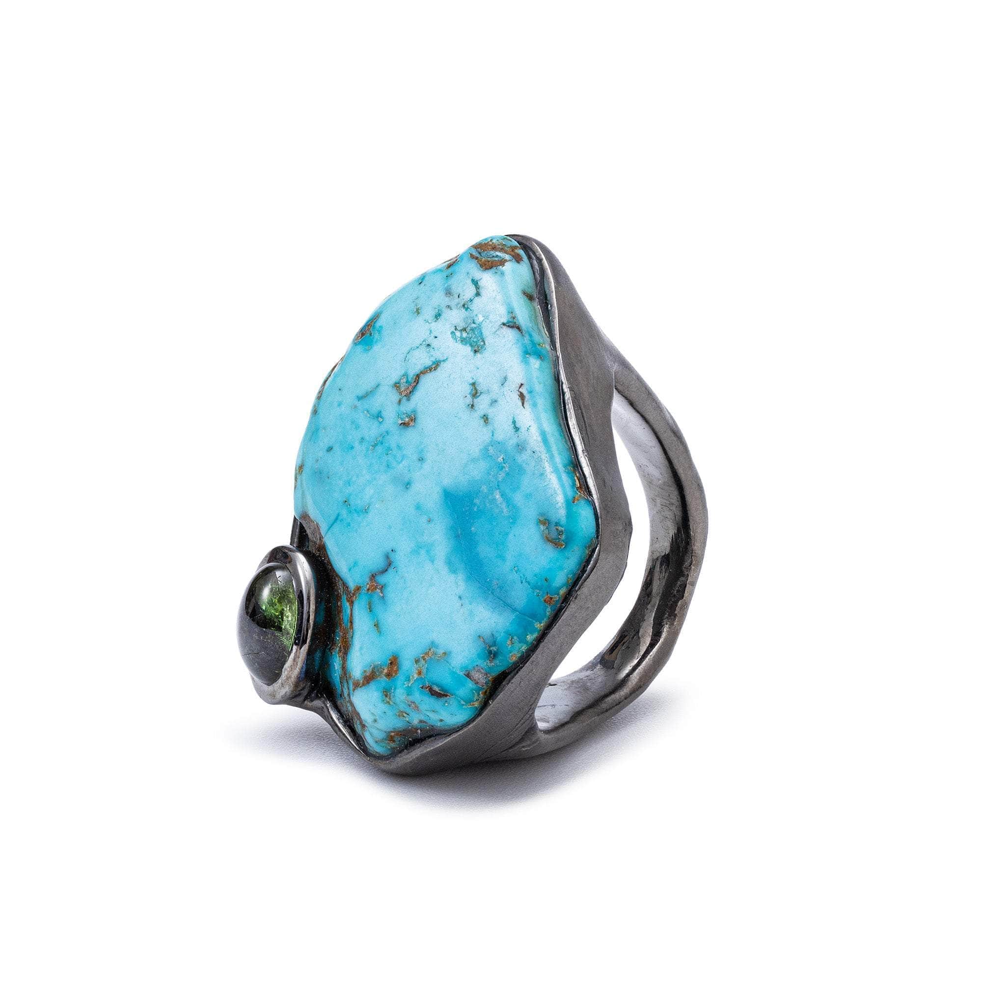 Aarde Black 925 Silver Ring with Rough Turquoise & Green Tourmaline