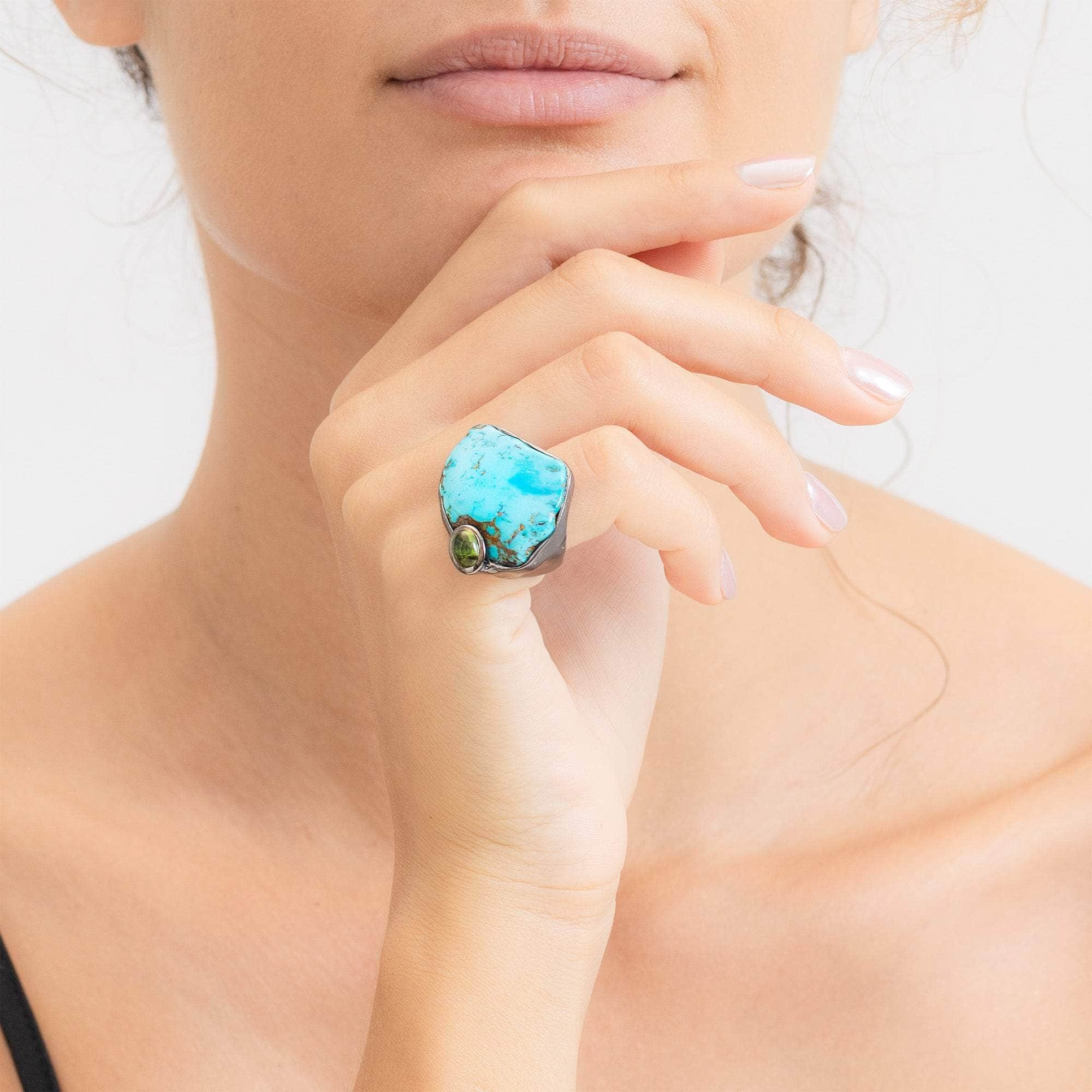 Aarde Black 925 Silver Ring with Rough Turquoise & Green Tourmaline