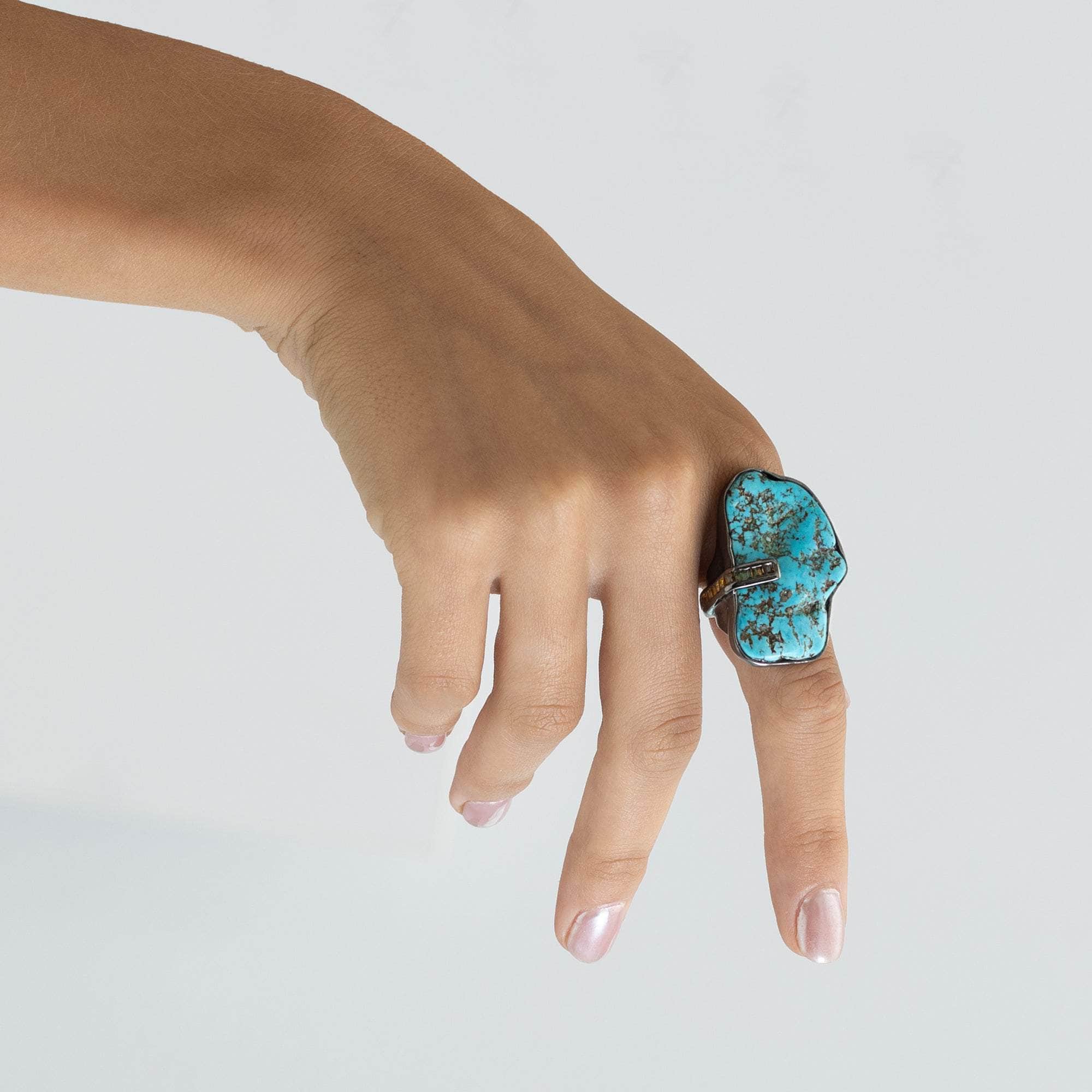 Erde Rough Turquoise and Sapphire Ring
