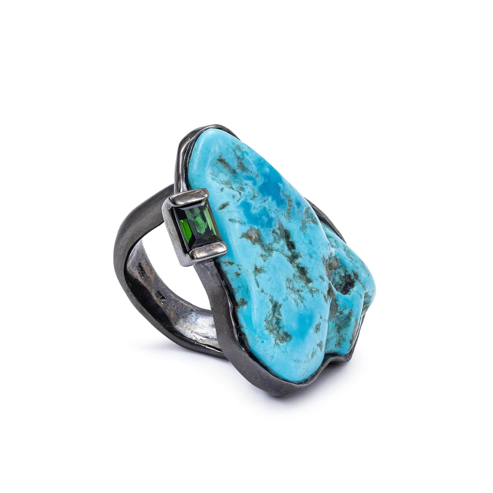 Himmel Singular Design Rough Turquoise & Green Tourmaline Ring in 925 Sterling Silver