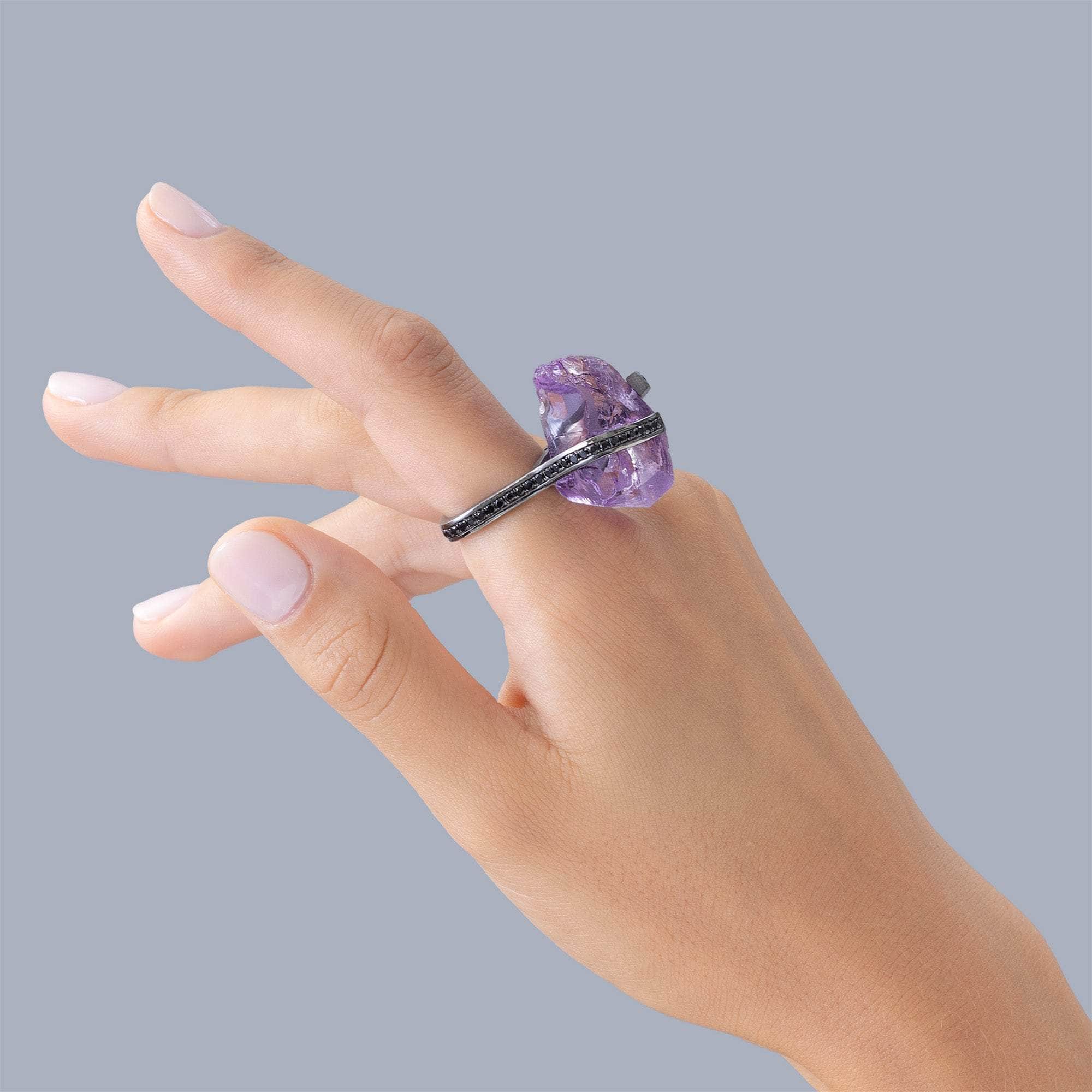 Creon Chunky Rough Amethyst and Black Spinel Singular Statement Ring in 925 Silver