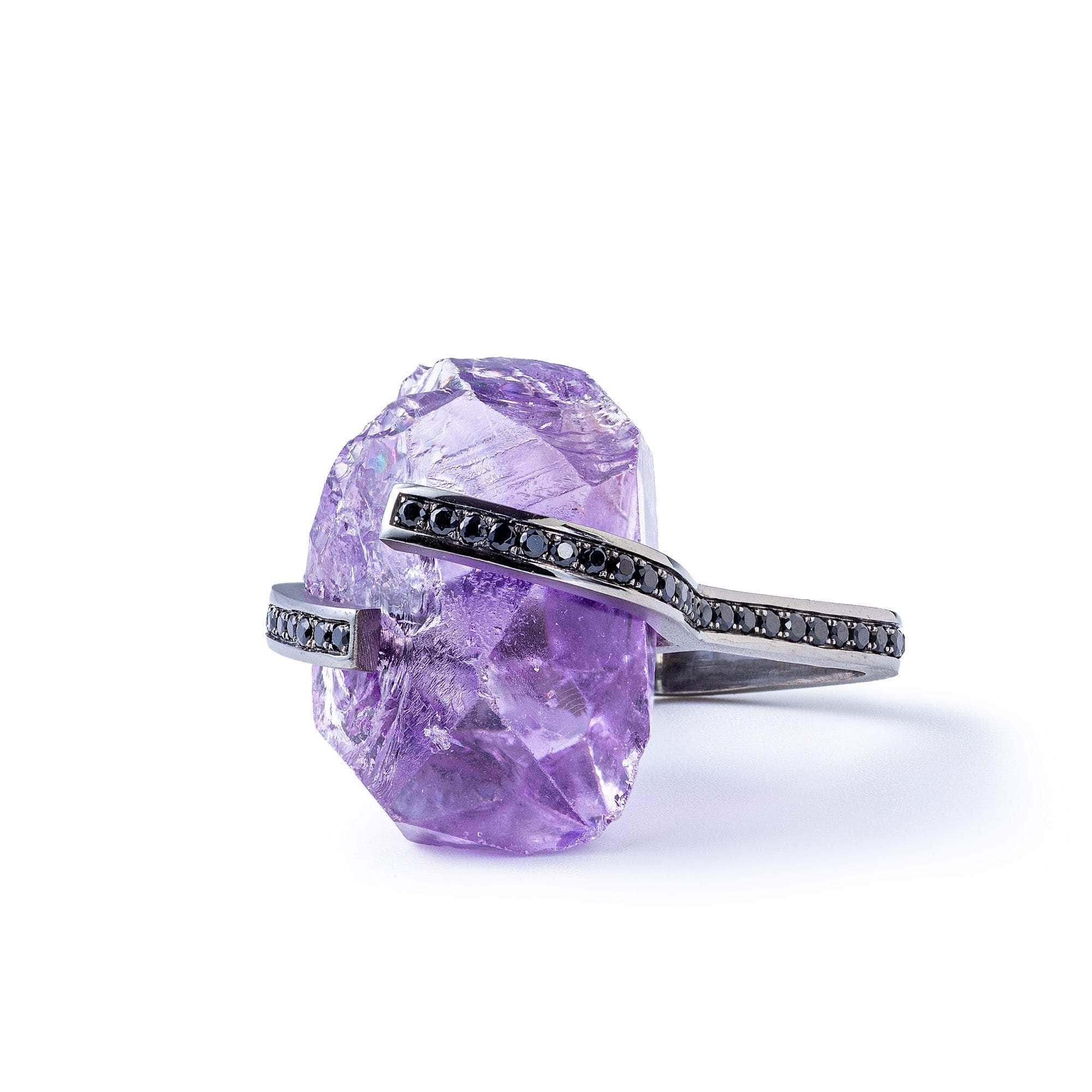 Creon Chunky Rough Amethyst and Black Spinel Singular Statement Ring in 925 Silver