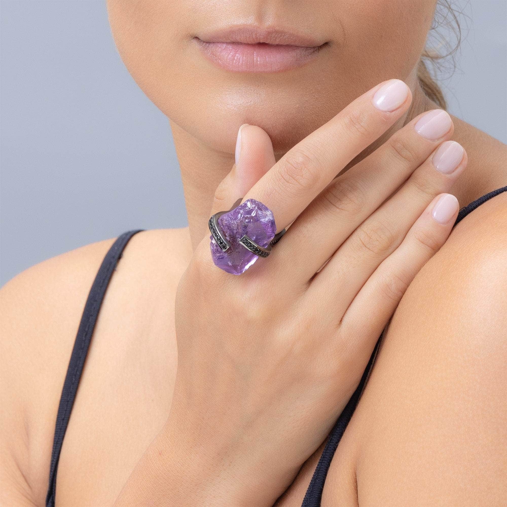 Creon Chunky Rough Amethyst and Black Spinel Singular Statement Ring in 925 Silver