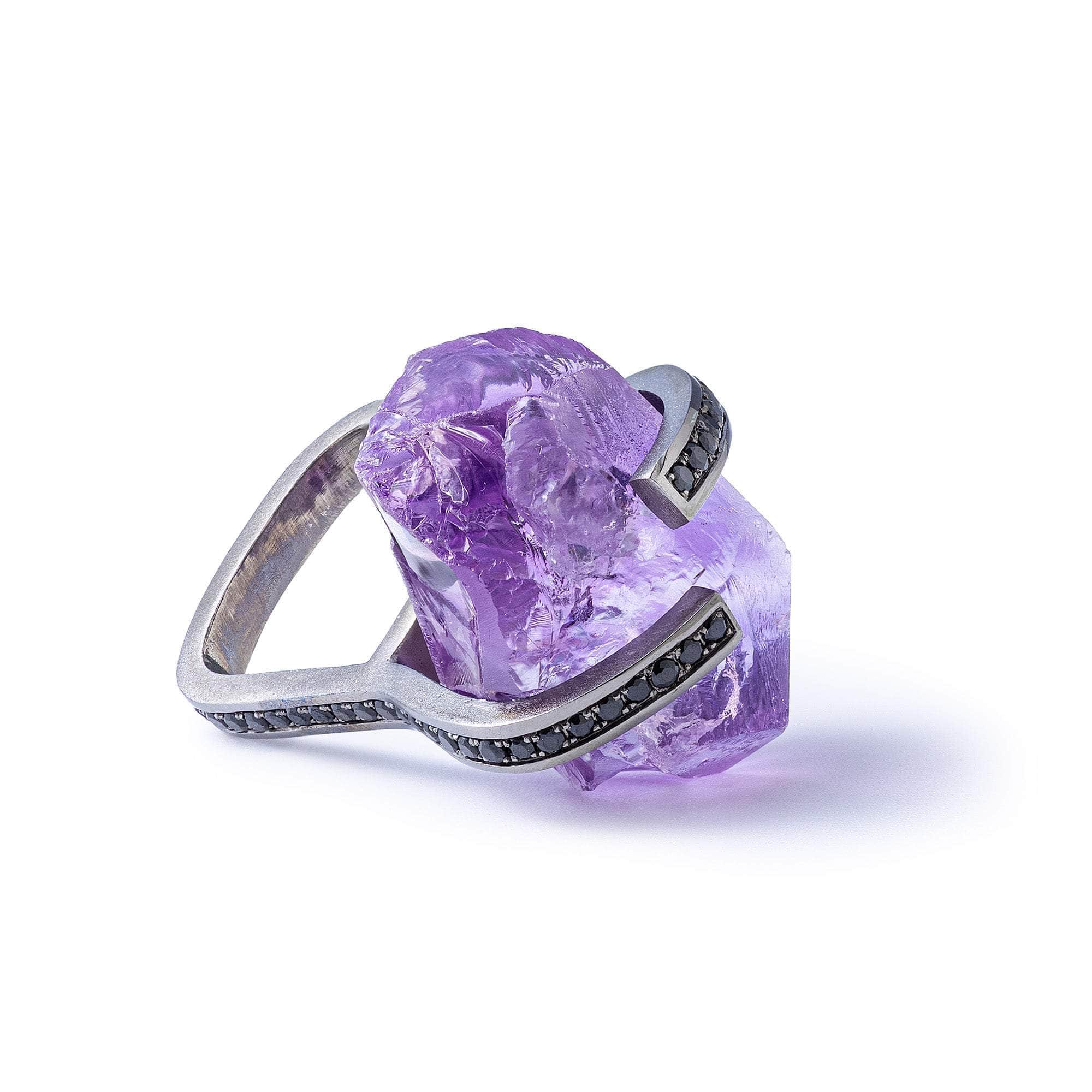 Creon Chunky Rough Amethyst and Black Spinel Singular Statement Ring in 925 Silver