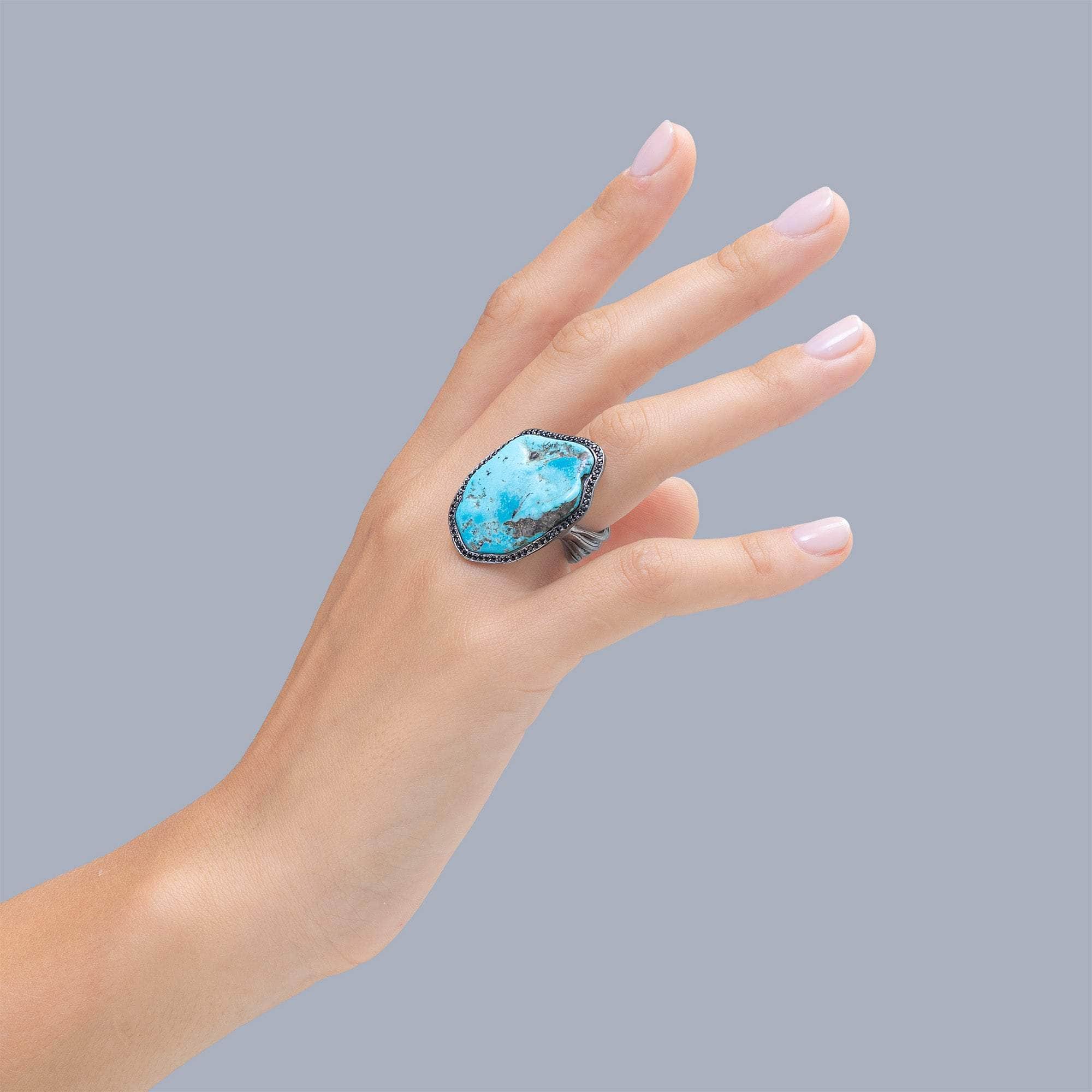 Dirce Statement Singular Design Rough Turquoise and Black Spinel Ring in 925 Silver