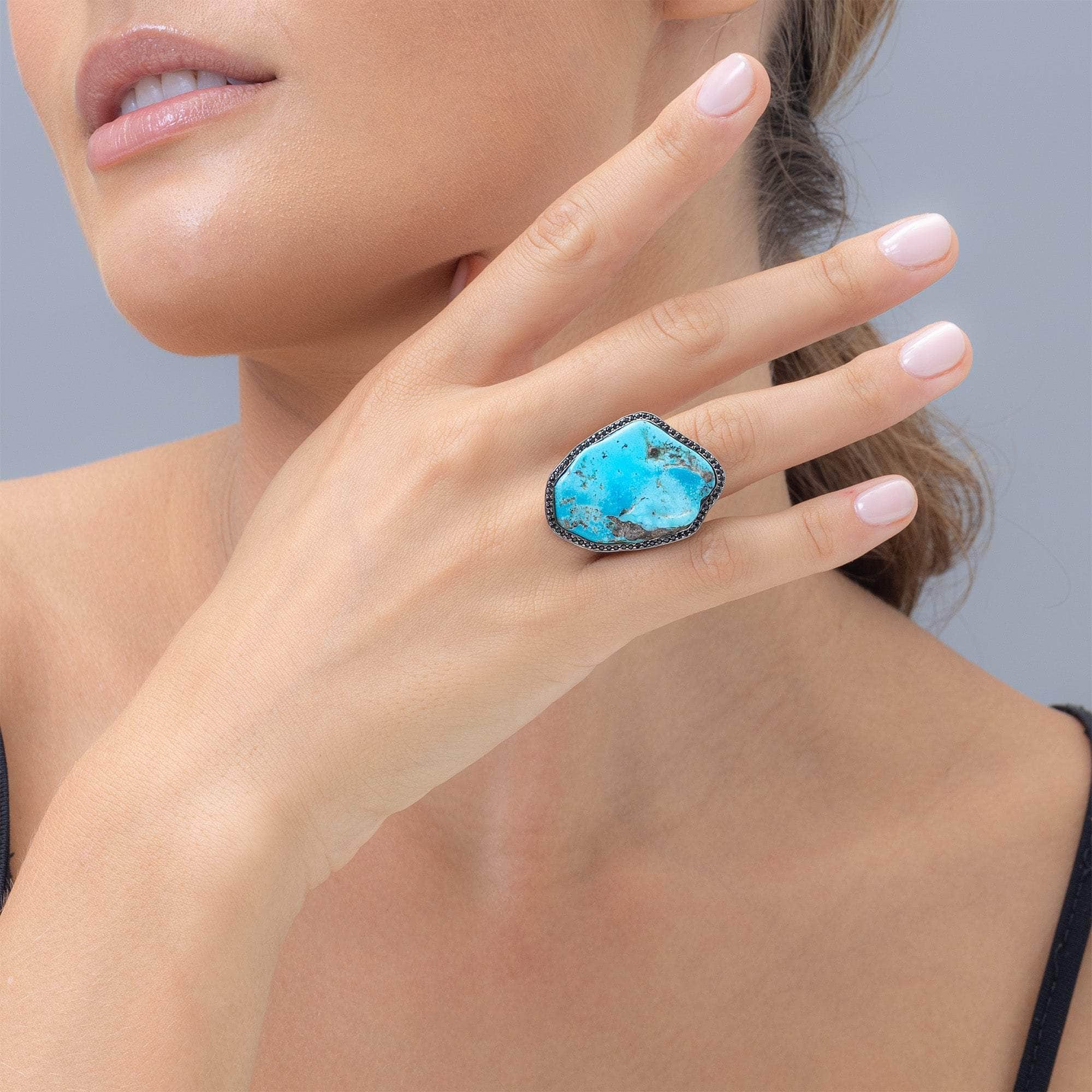 Dirce Statement Singular Design Rough Turquoise and Black Spinel Ring in 925 Silver