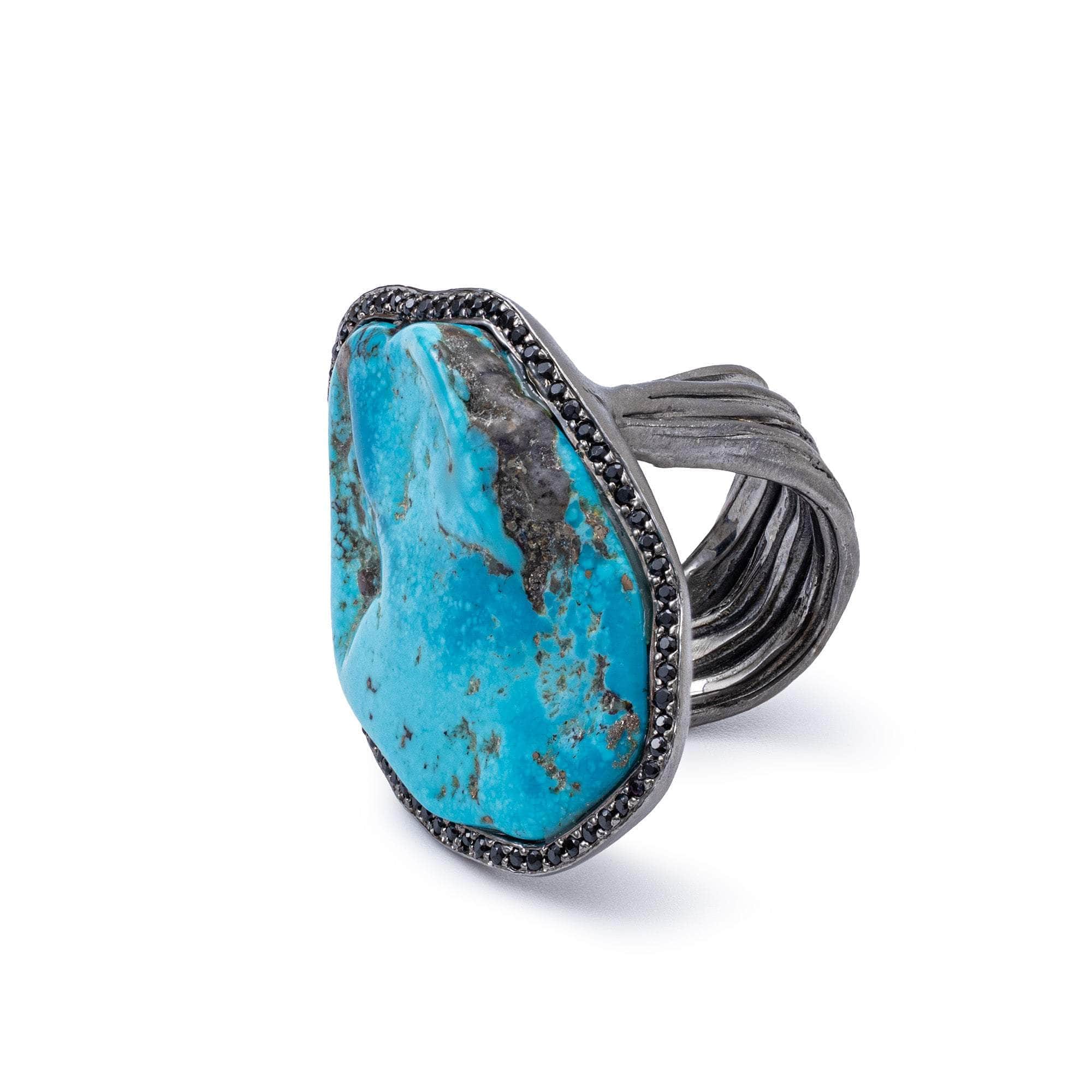 Dirce Statement Singular Design Rough Turquoise and Black Spinel Ring in 925 Silver