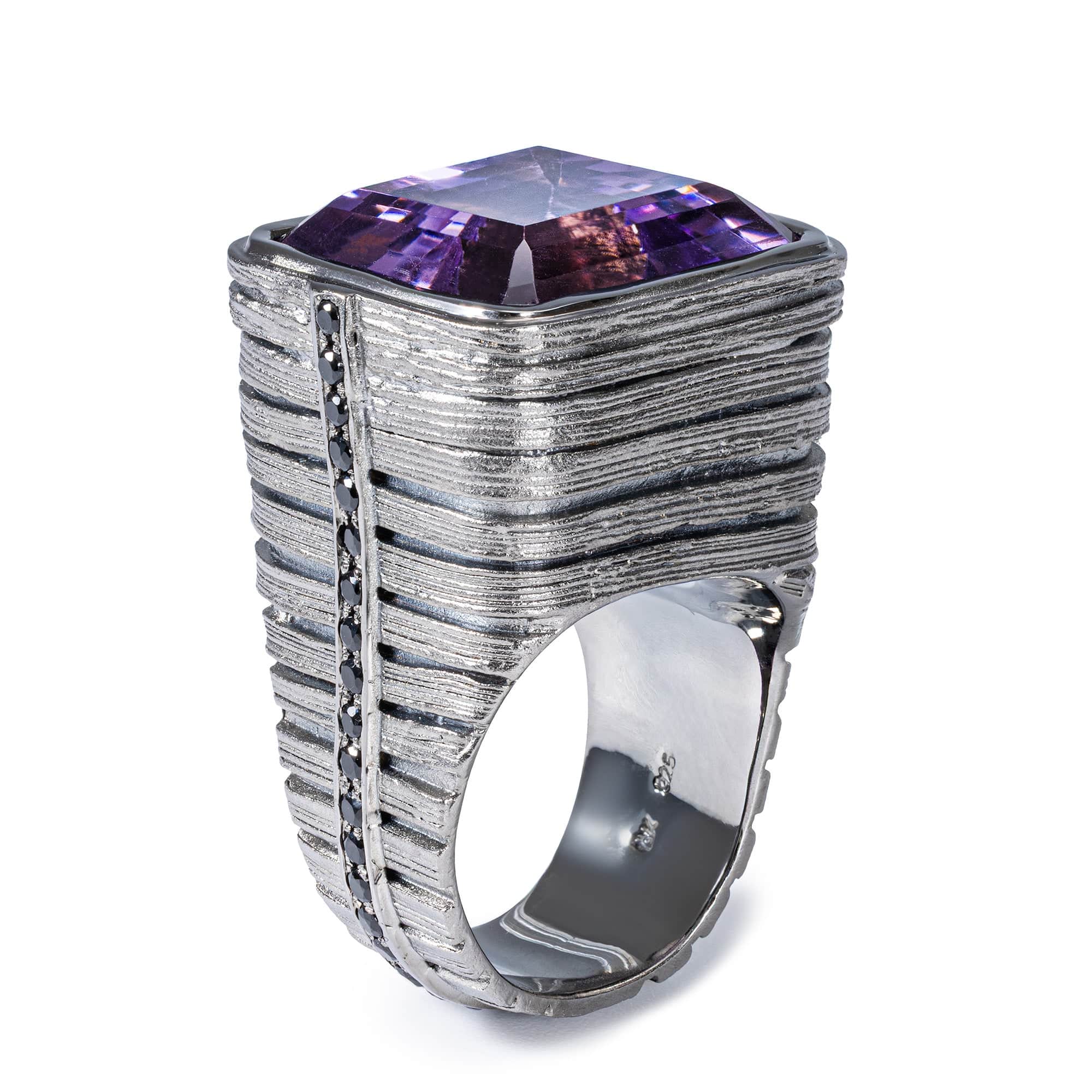 Liron Singular Edition Sterling Silver Signet Ring With Amethyst & Black Spinel