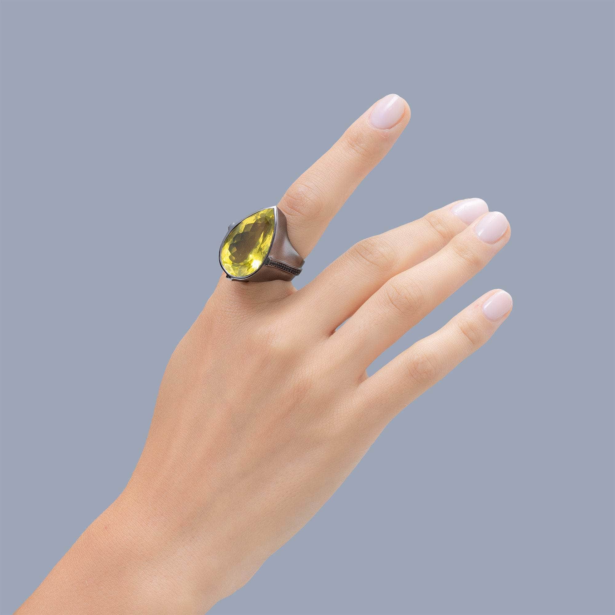 Sylph Statement 925 Sterling Silver Singular Ring with Lemon Quartz & Black Spinel