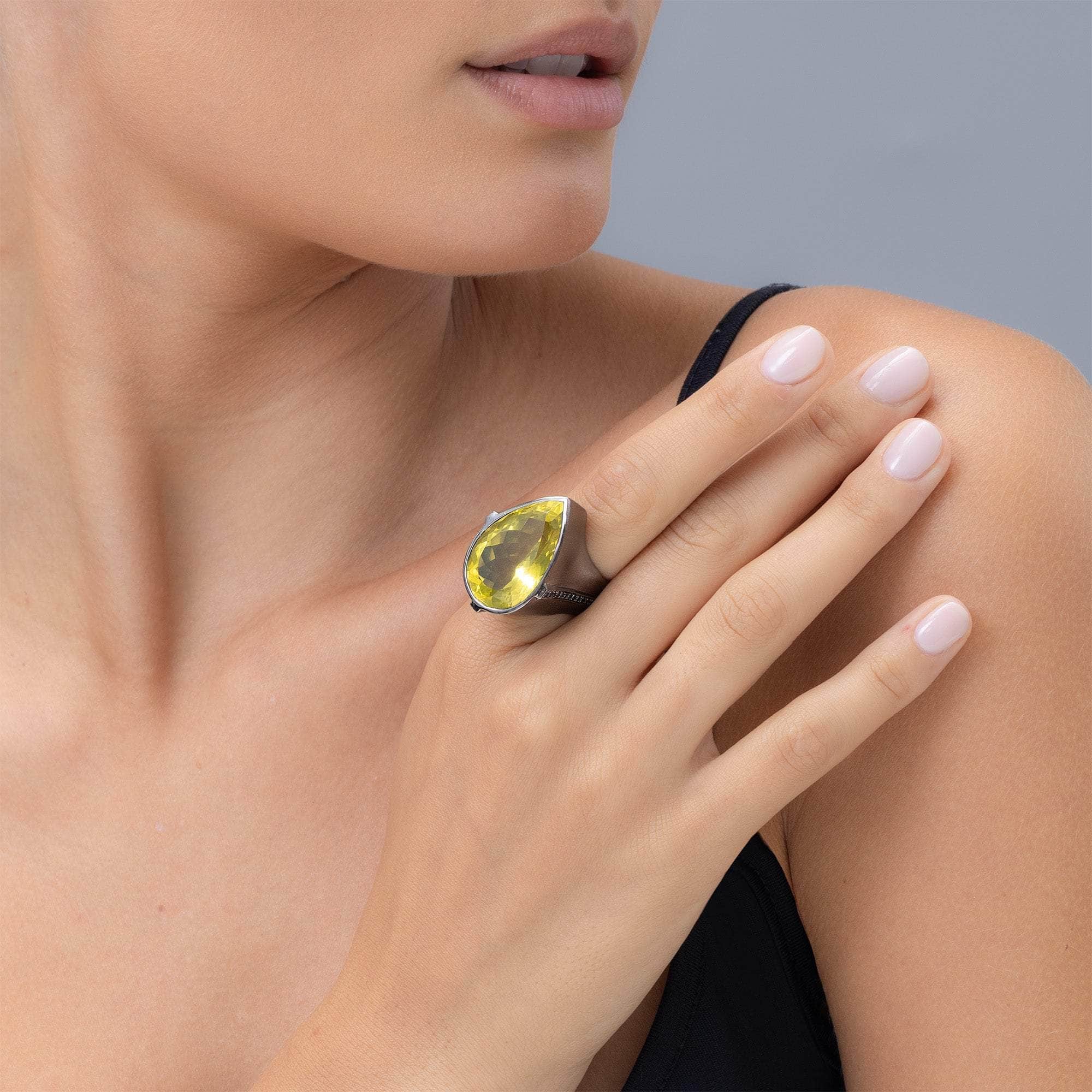 Sylph Statement 925 Sterling Silver Singular Ring with Lemon Quartz & Black Spinel