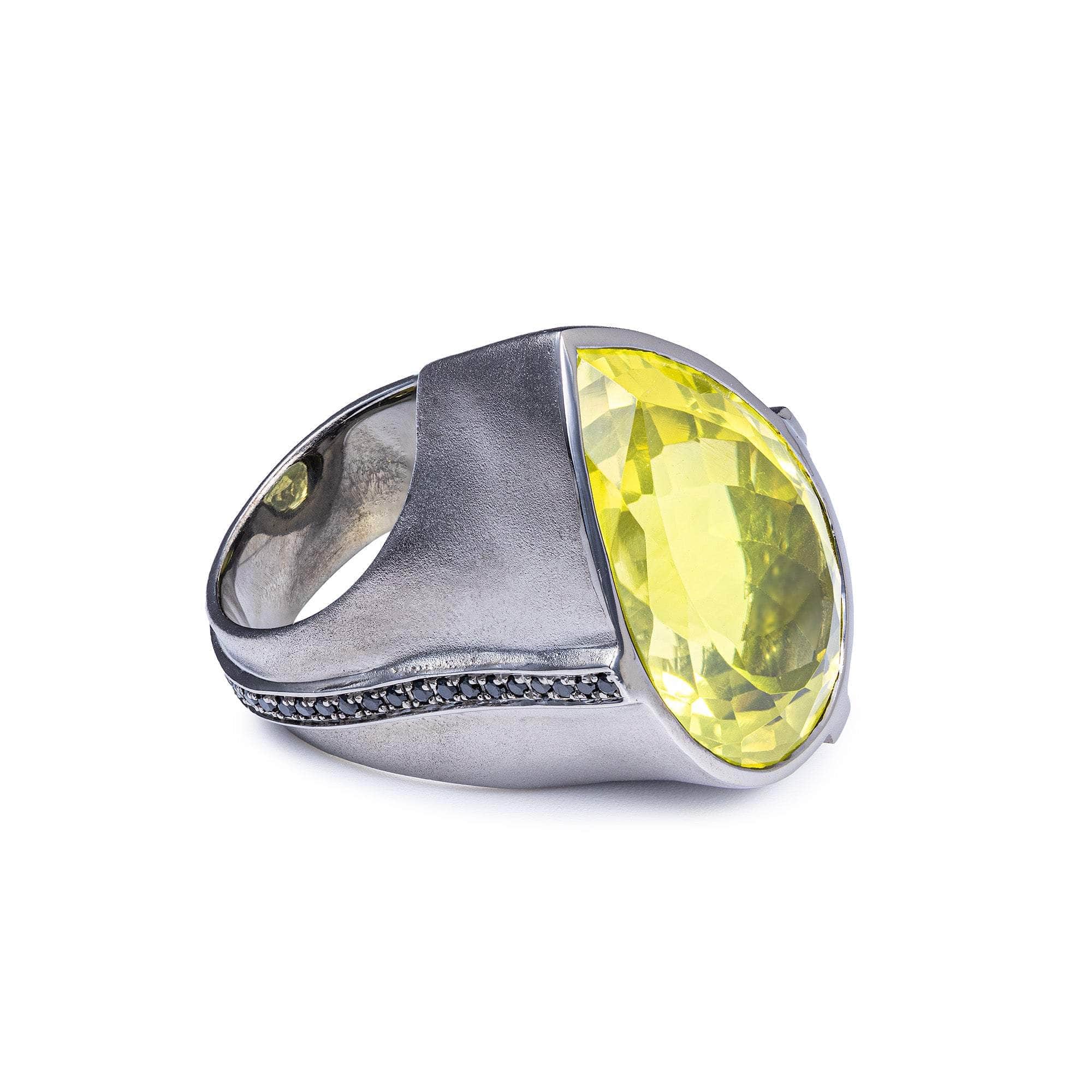 Sylph Statement 925 Sterling Silver Singular Ring with Lemon Quartz & Black Spinel