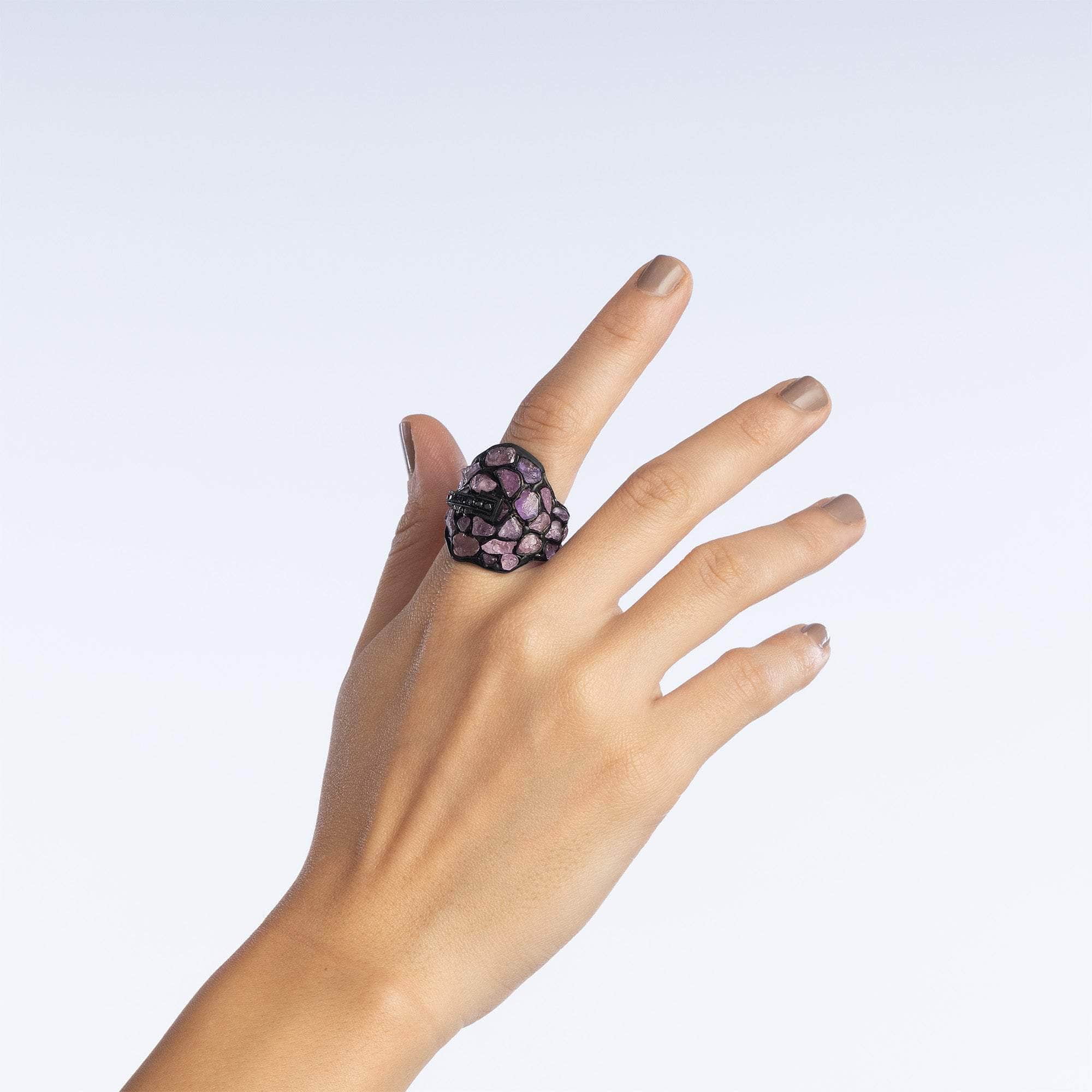Klaid Handmade "Stained Glass" 925 Silver Ring with Natural Raw Pink Sapphire & Spinel