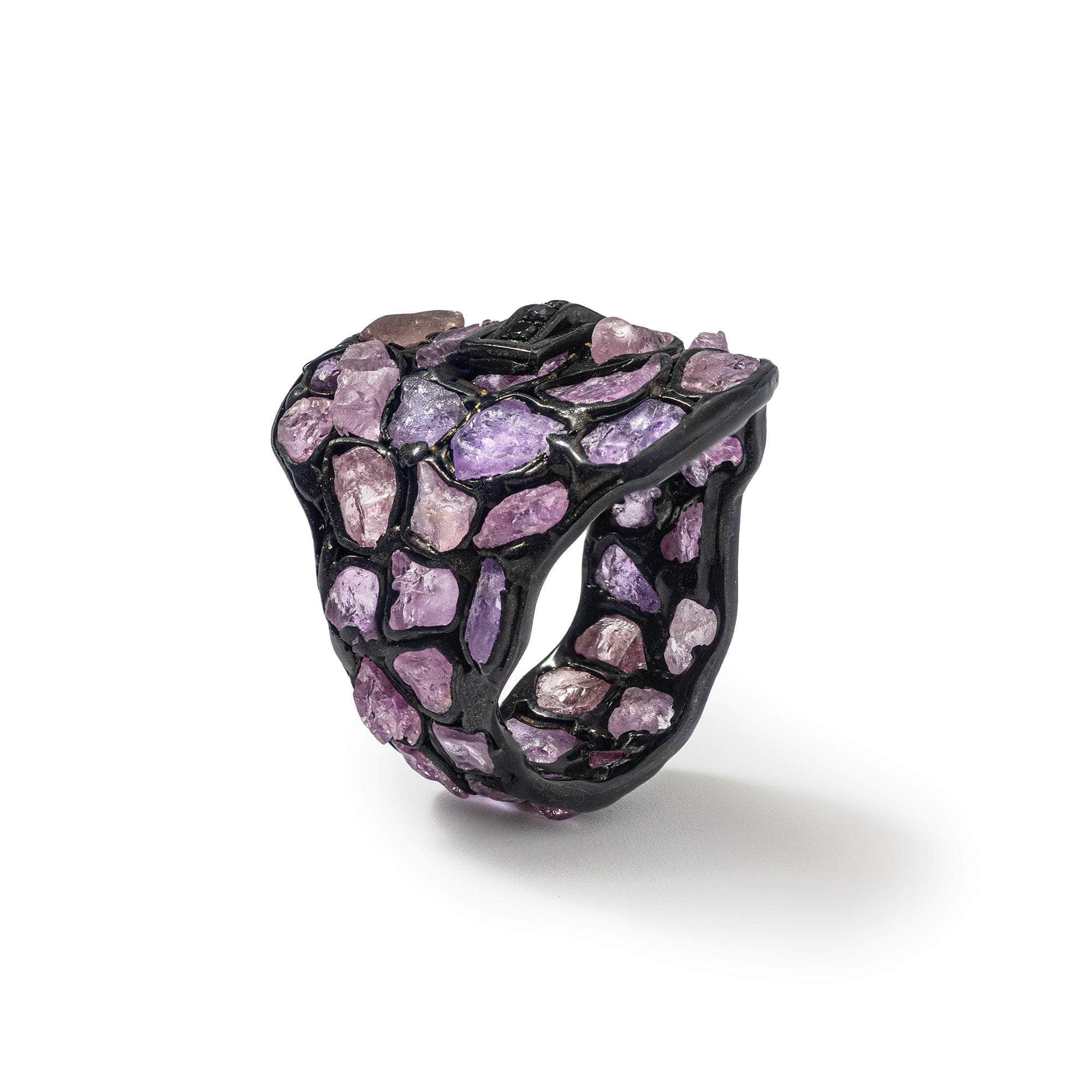 Klaid Handmade "Stained Glass" 925 Silver Ring with Natural Raw Pink Sapphire & Spinel