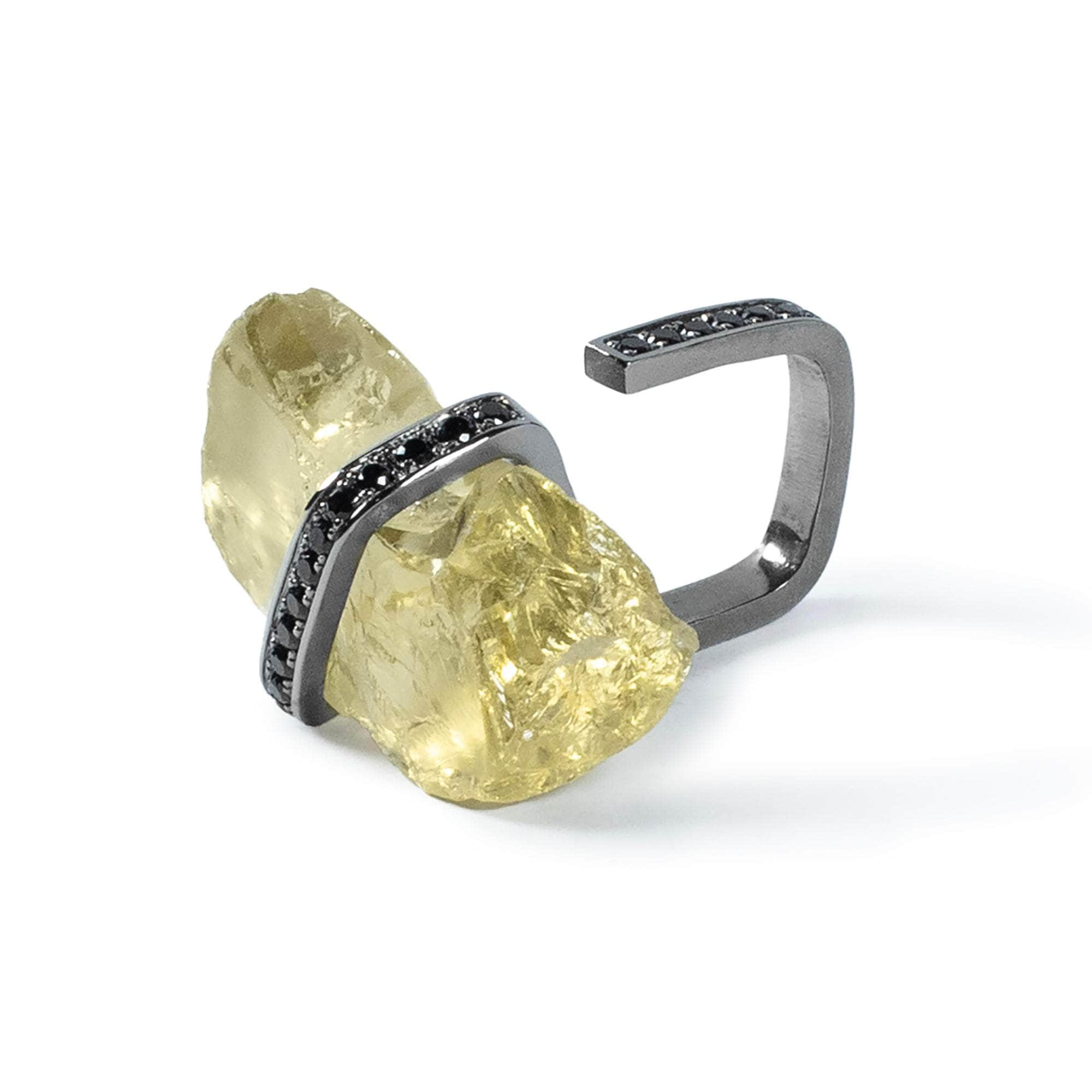 Bulur Chunky Rough Lemon Quartz & Black Spinel Singular Edition Ring in 925 Sterling Silver