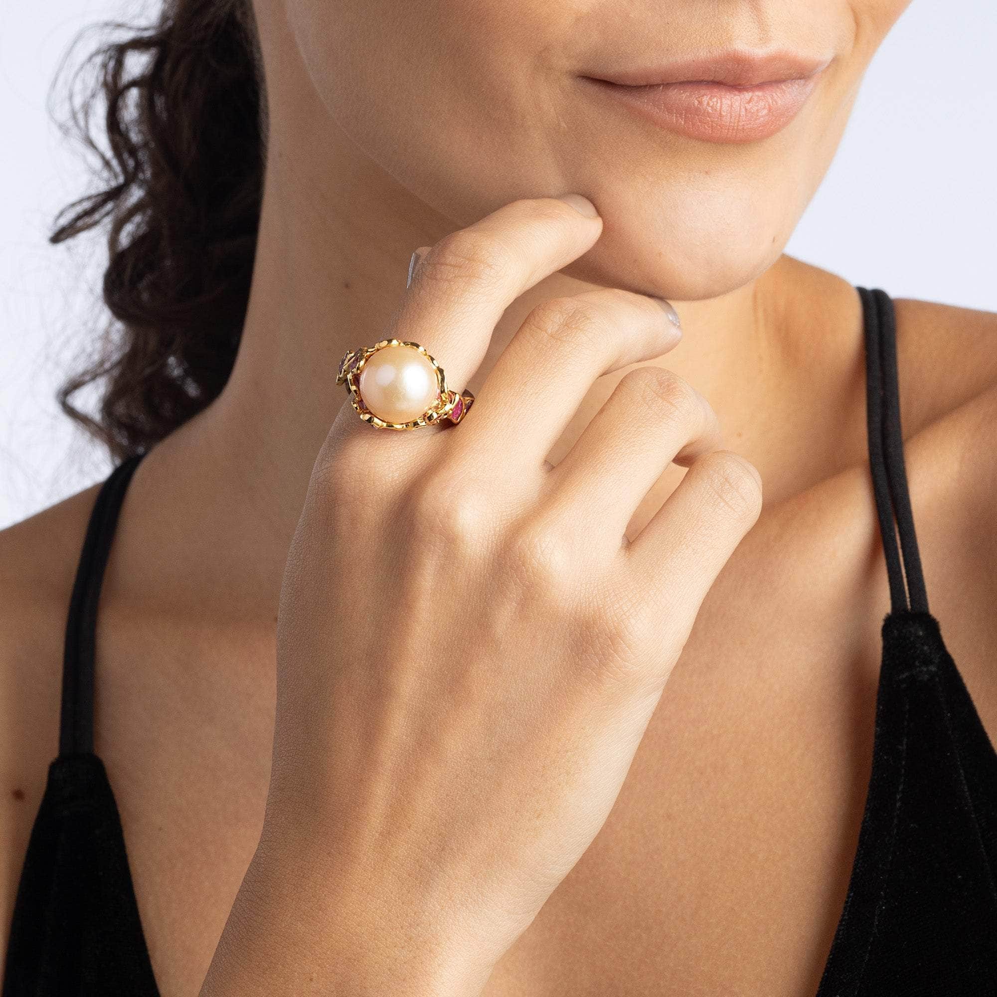 Silah Pearl and Rough Ruby Ring