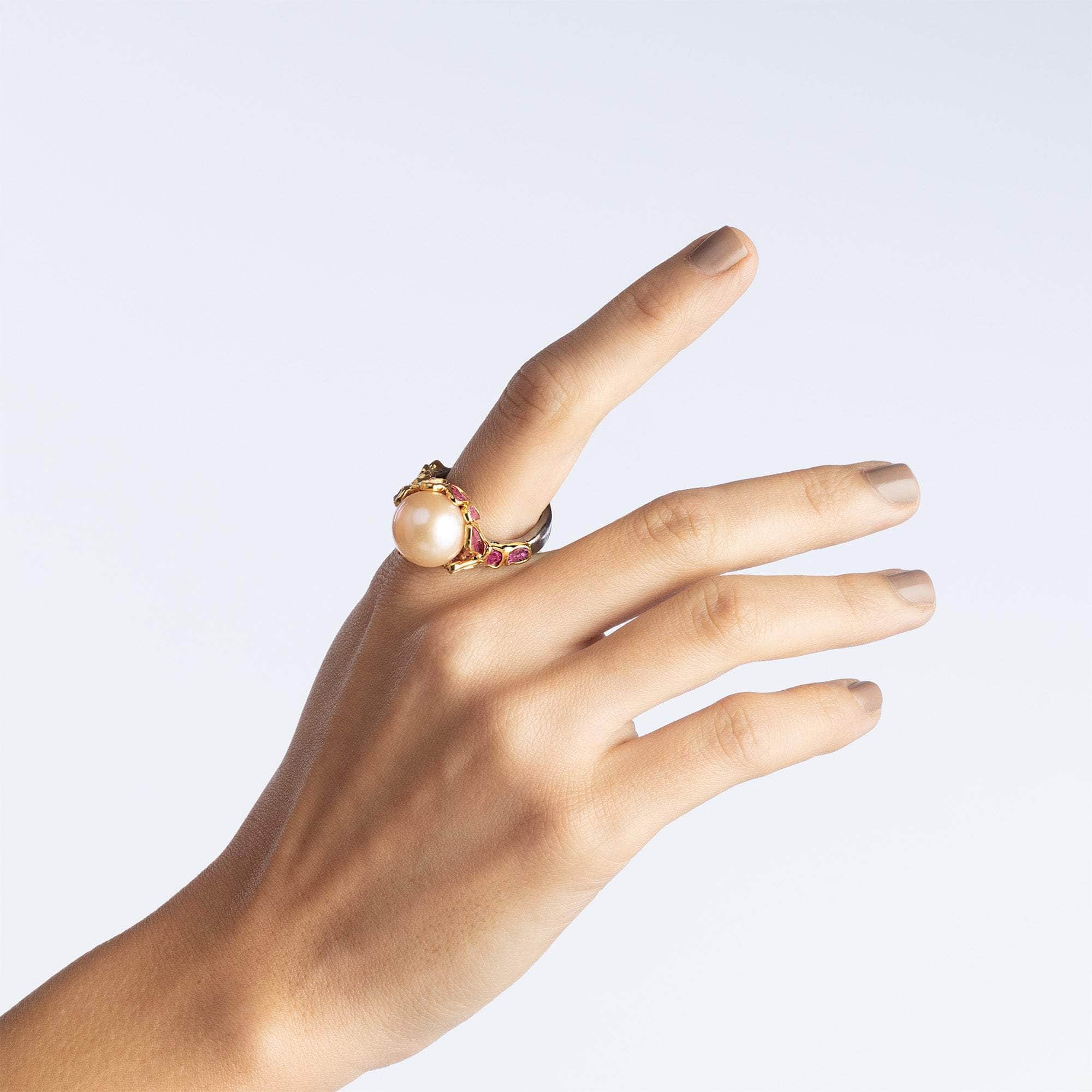 Silah Pearl and Rough Ruby Ring