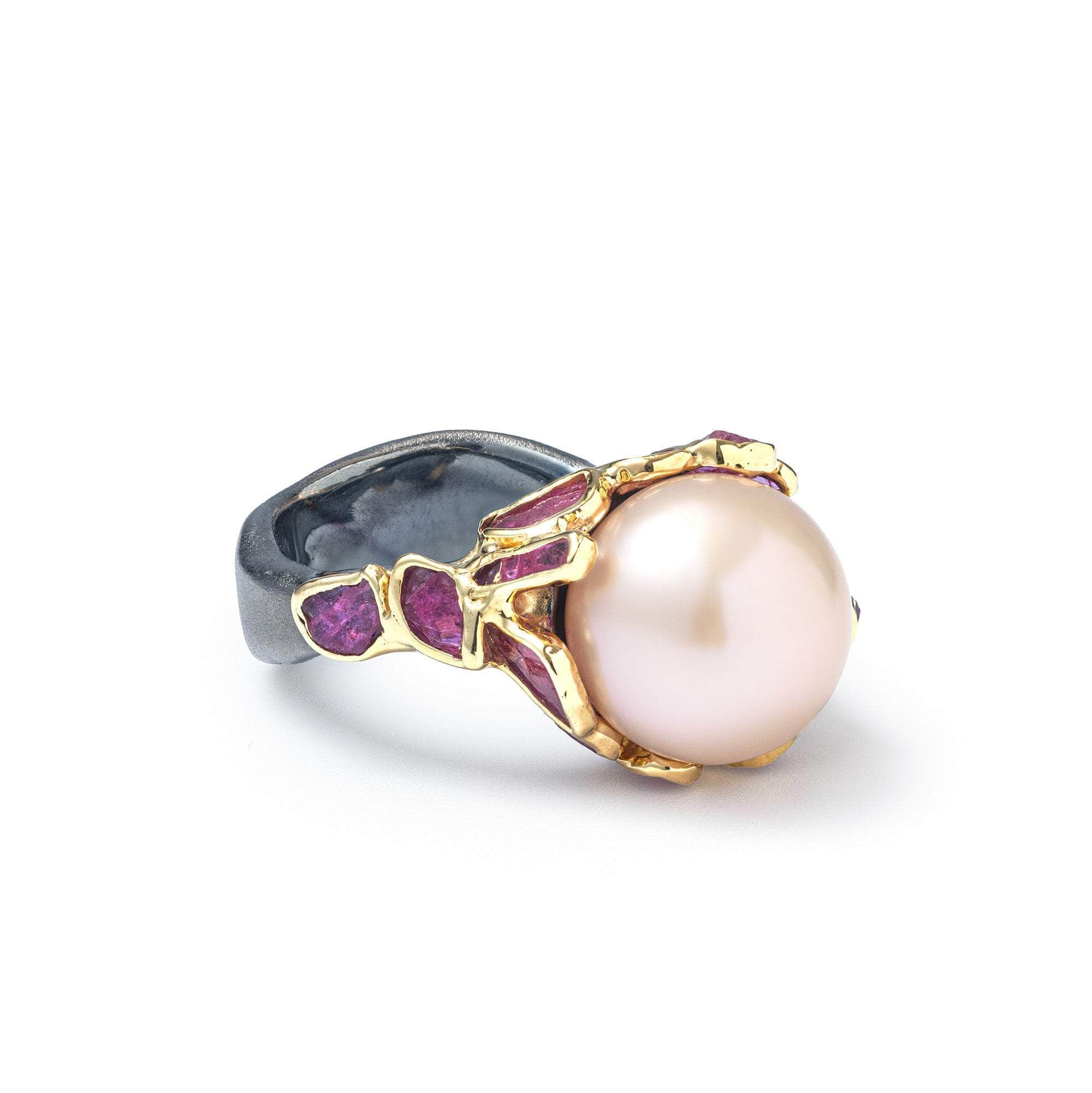 Silah Pearl and Rough Ruby Ring