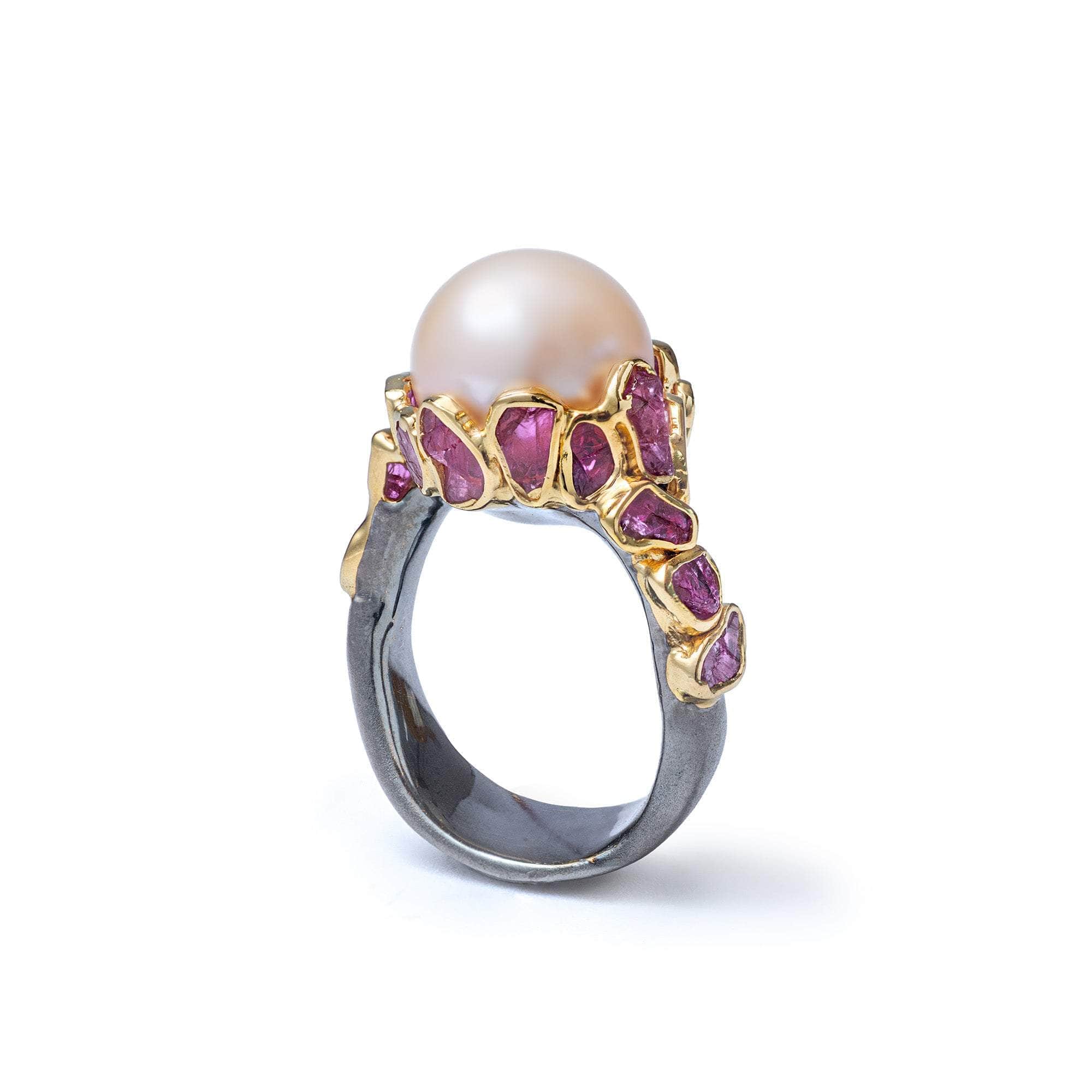 Silah Pearl and Rough Ruby Ring