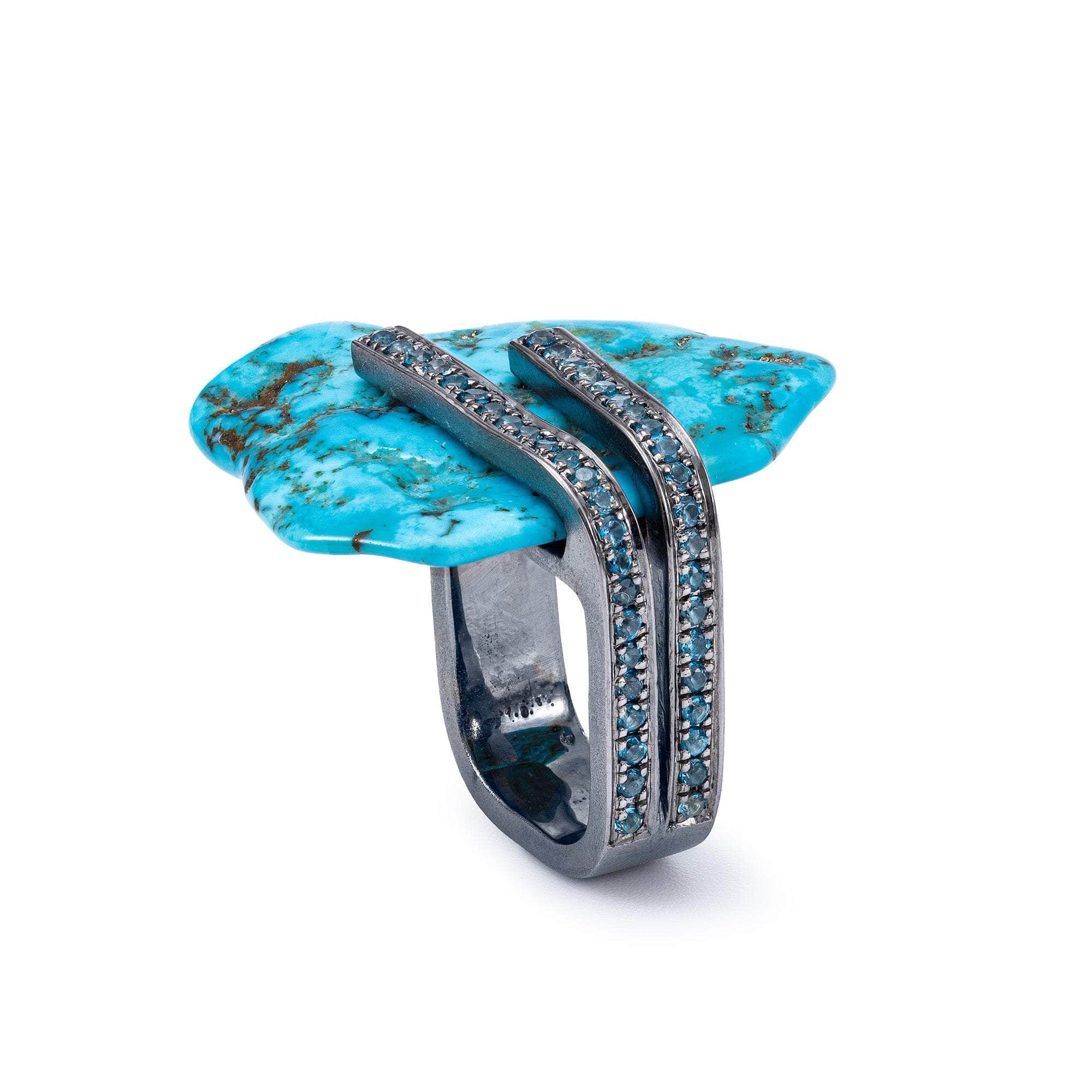 Hatsa Singular Edition 925 Silver Ring with Rough Turquoise & Blue Topaz