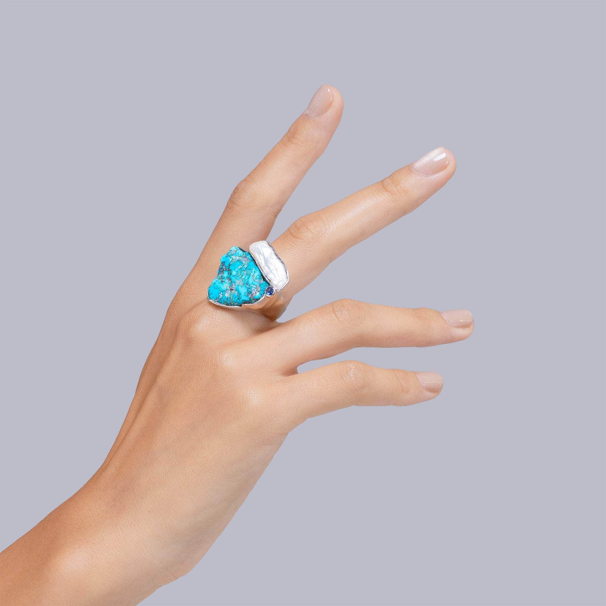 Himme Rough Turquoise and Rough Pearl Ring