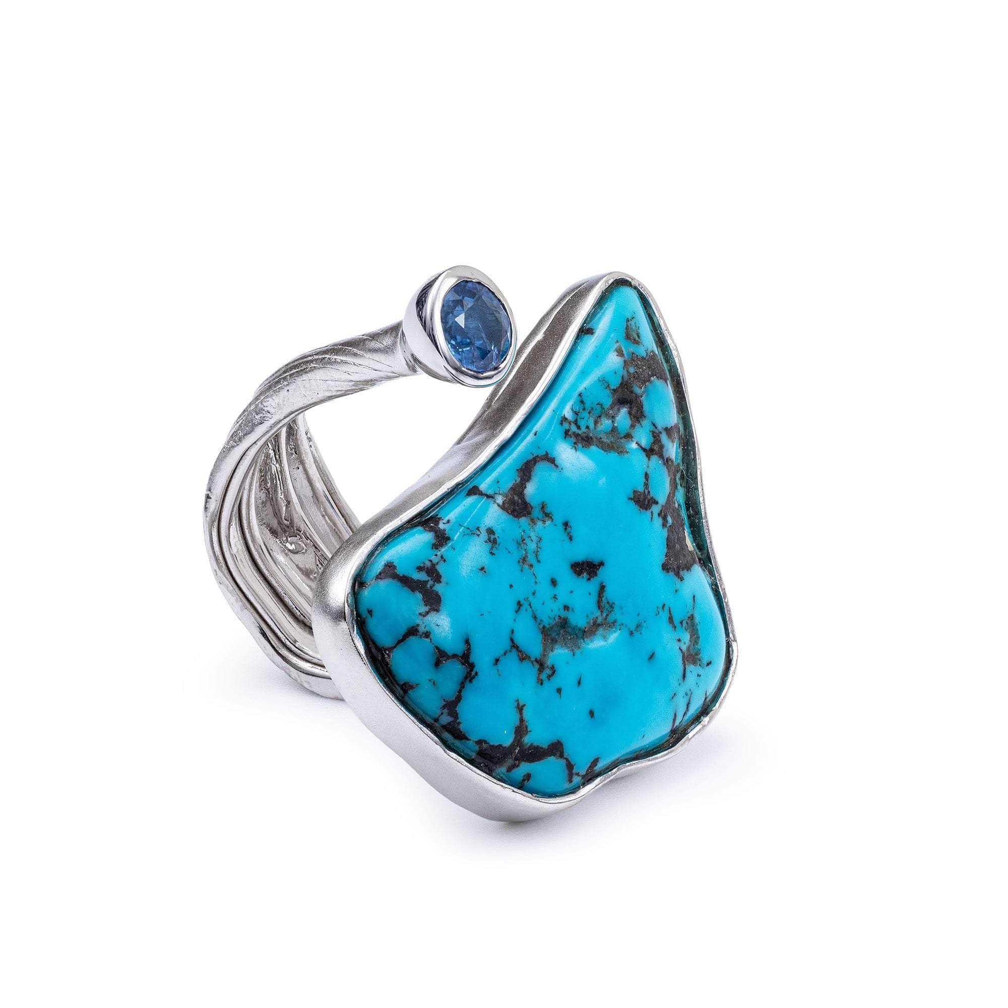 Taivas Rough Turquoise and Sapphire Ring