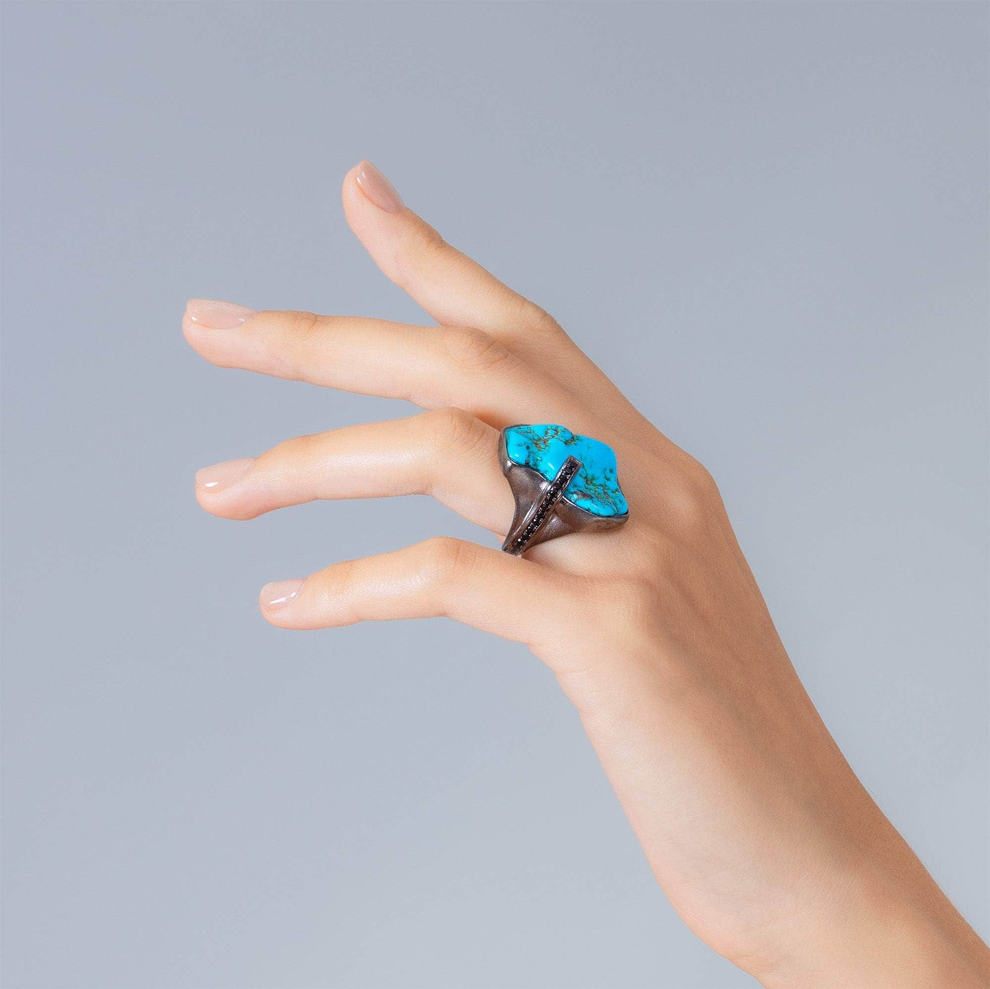 Eg Statement Rough Turquoise & Black Spinel Ring in 925 Sterling Silver Plated with Black Rhodium