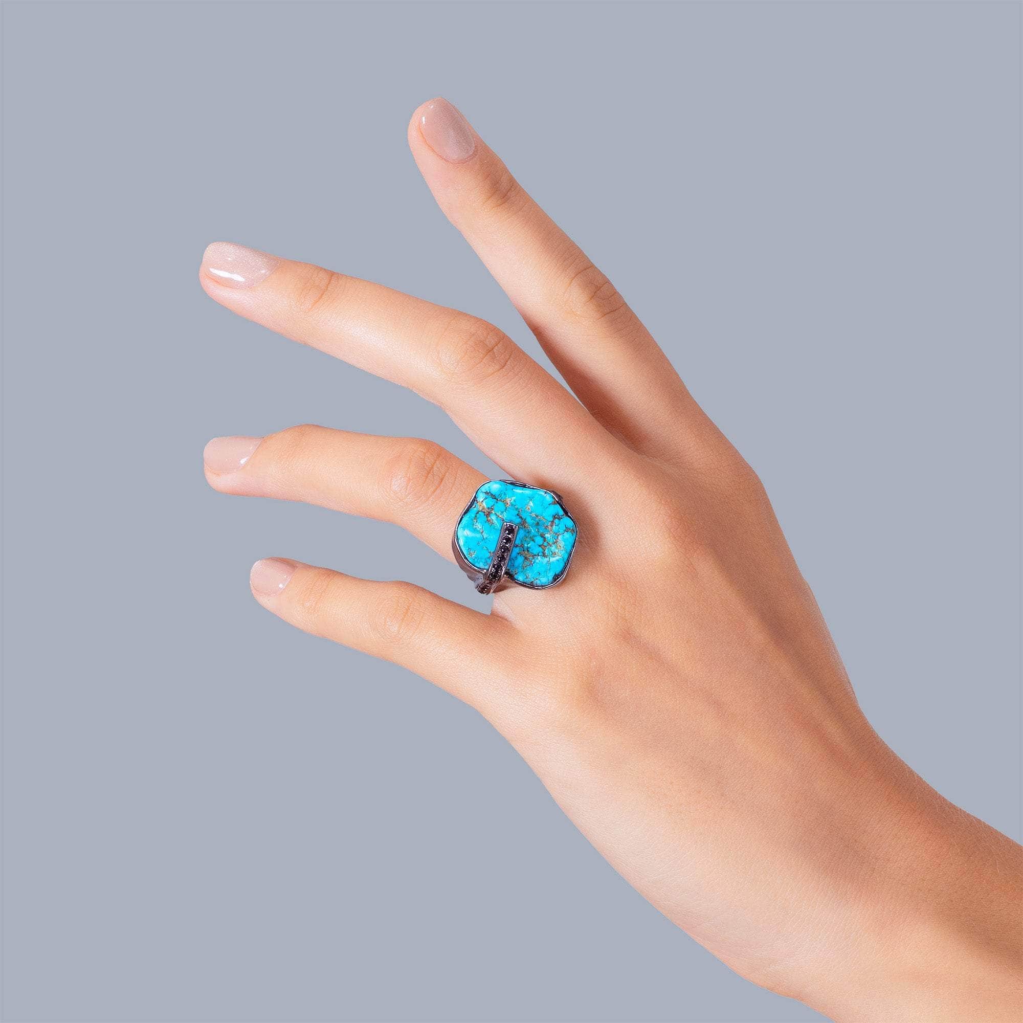 Langit Singular Rough Turquoise & Black Spinel Statement Ring in 925 Sterling Silver
