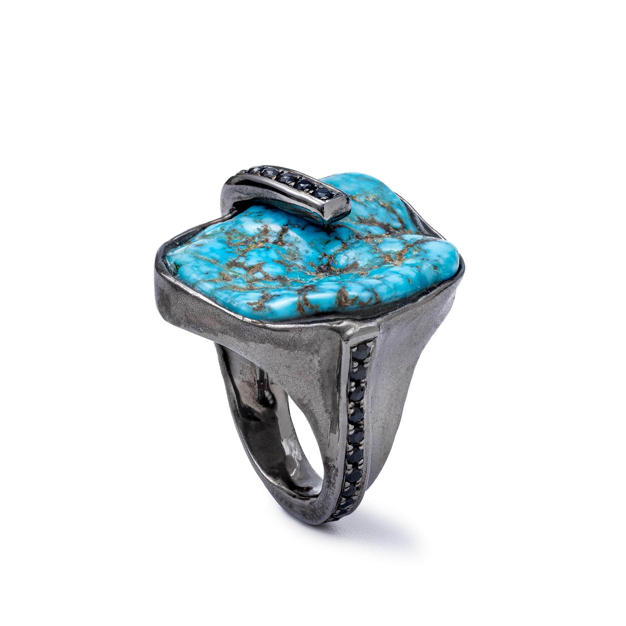 Langit Singular Rough Turquoise & Black Spinel Statement Ring in 925 Sterling Silver