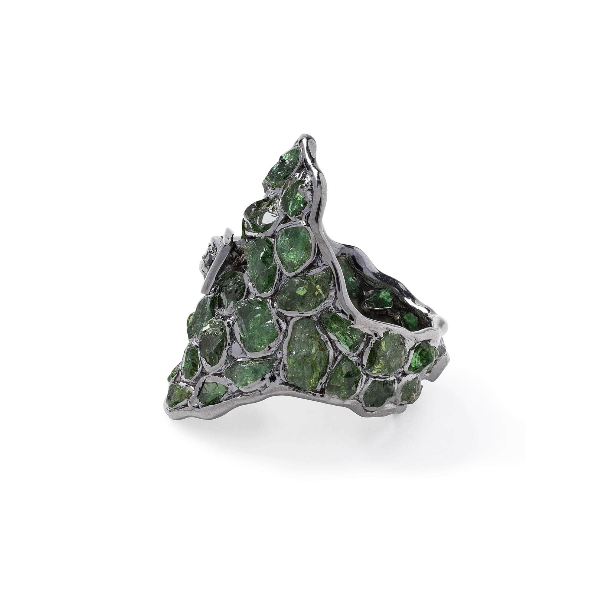 Chaza Hallmark Singular Design Rough Chrome Diopside and Spinel Statement Ring in 925 Silver