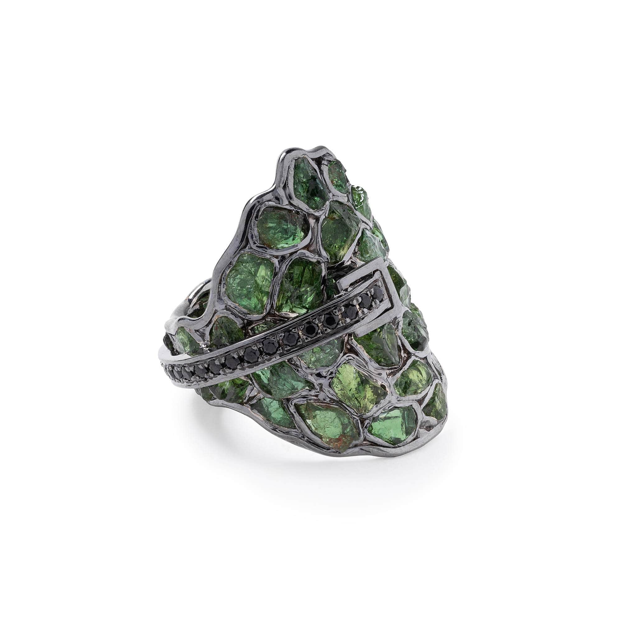 Chaza Hallmark Singular Design Rough Chrome Diopside and Spinel Statement Ring in 925 Silver